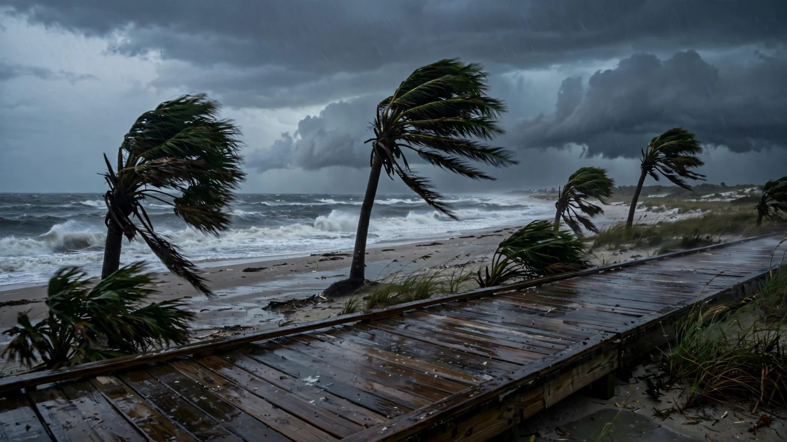 Dark storm clouds over a Gulf Coast beach with rough waves, bending palm trees and a wet wooden boardwalk in rain