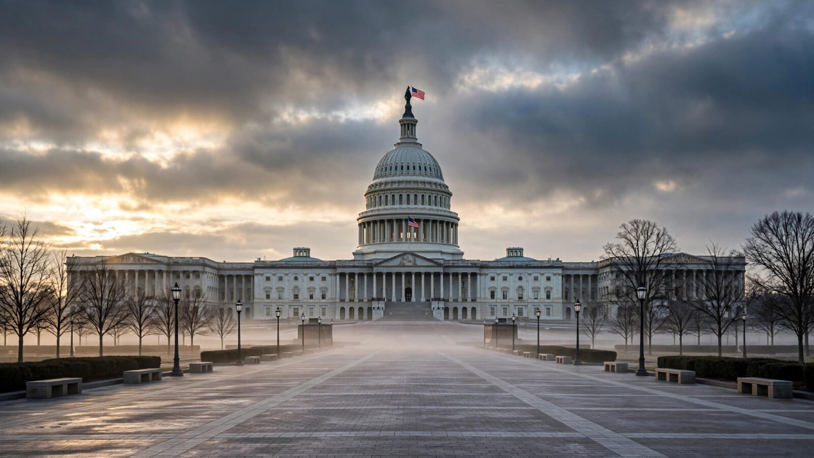 Morning view of the U.S. Capitol building in Washington D.C., the dome and flag visible under a cloudy dawn sky.