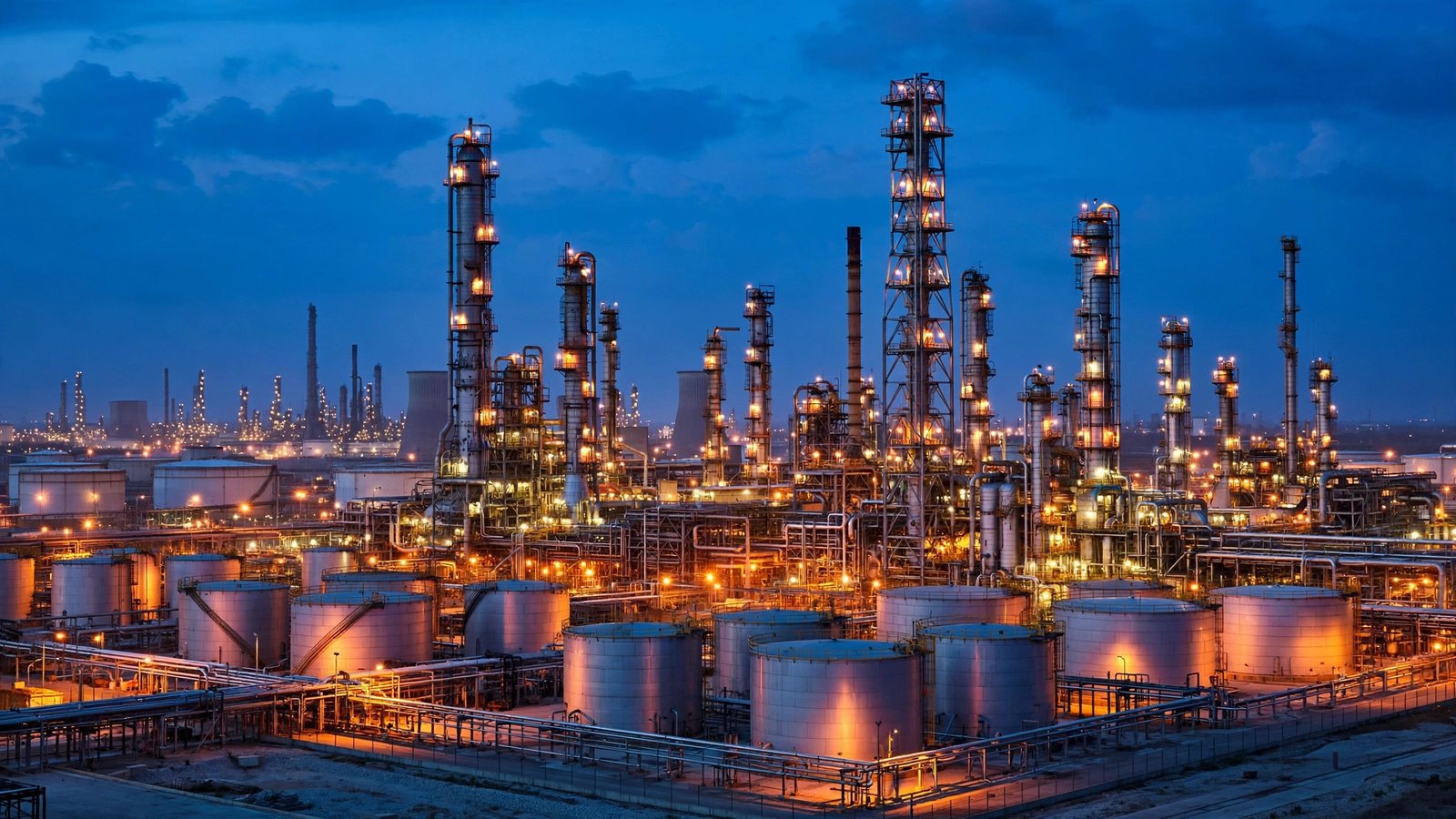 An oil refinery industrial complex with distillation towers and storage tanks lit up at dusk.