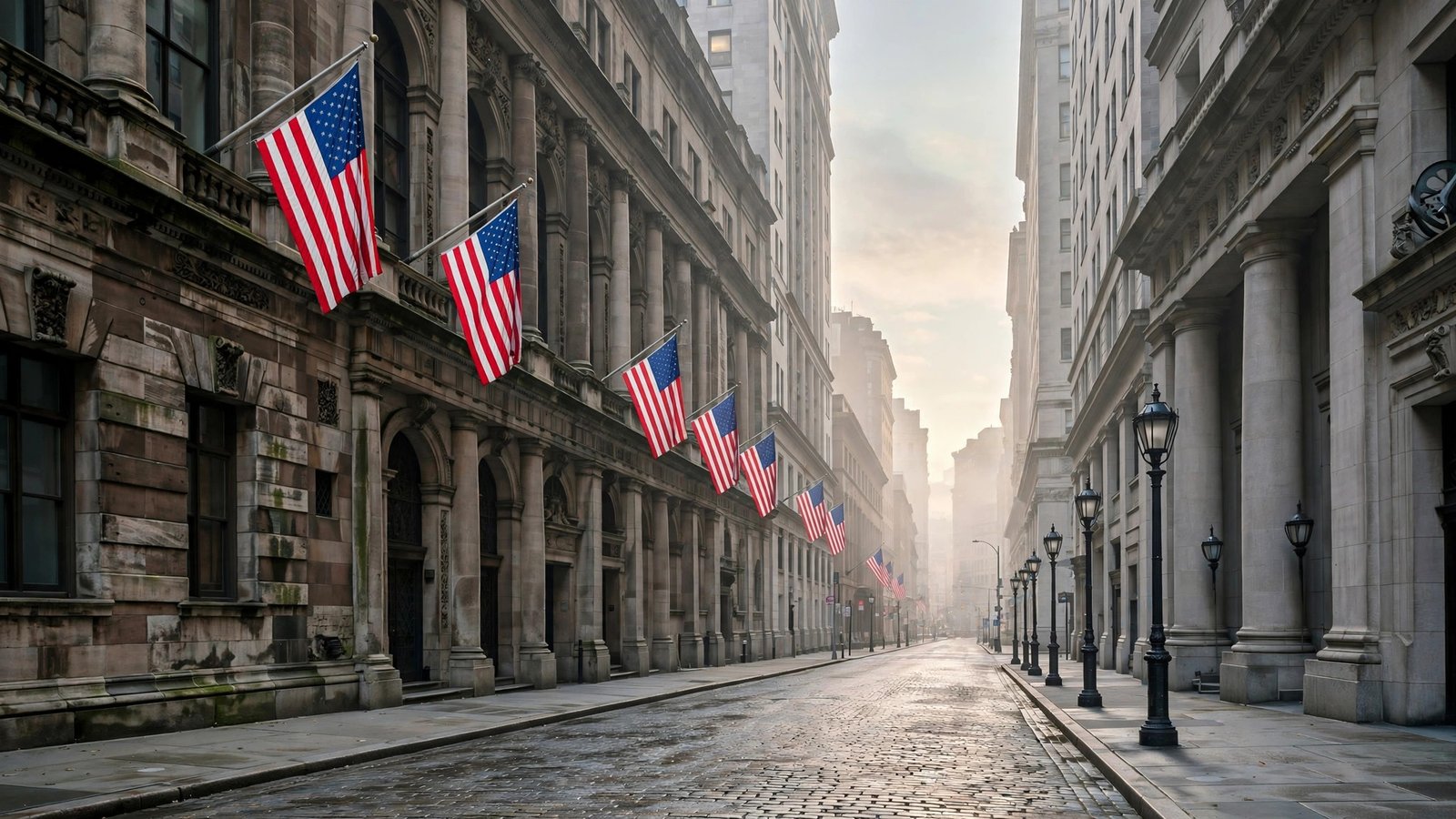 Historic stone financial buildings along Wall Street in New York with American flags, photographed at early morning.