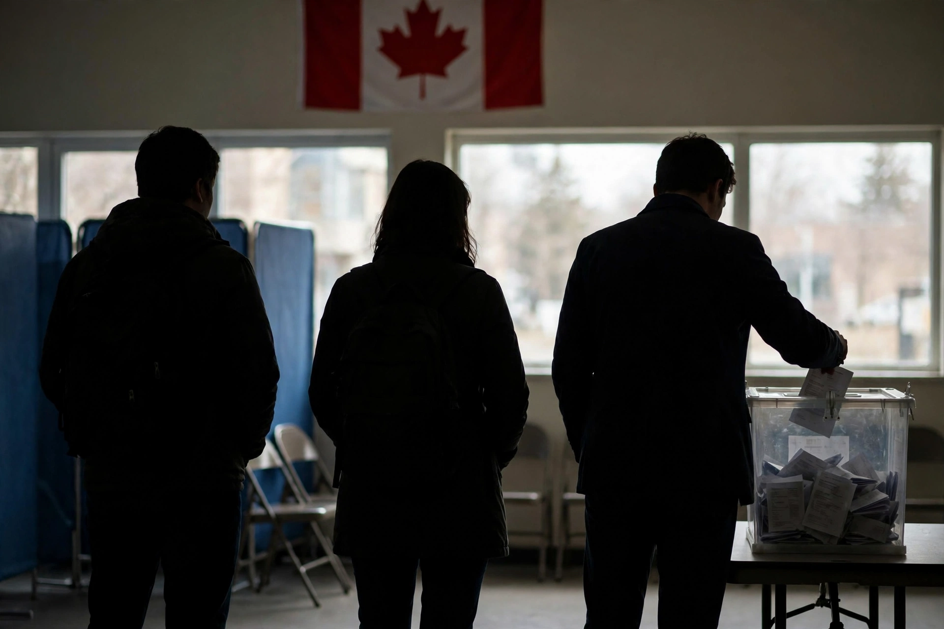 Voters silhouetted from behind as they cast paper ballots at a polling station beneath a Canadian flag