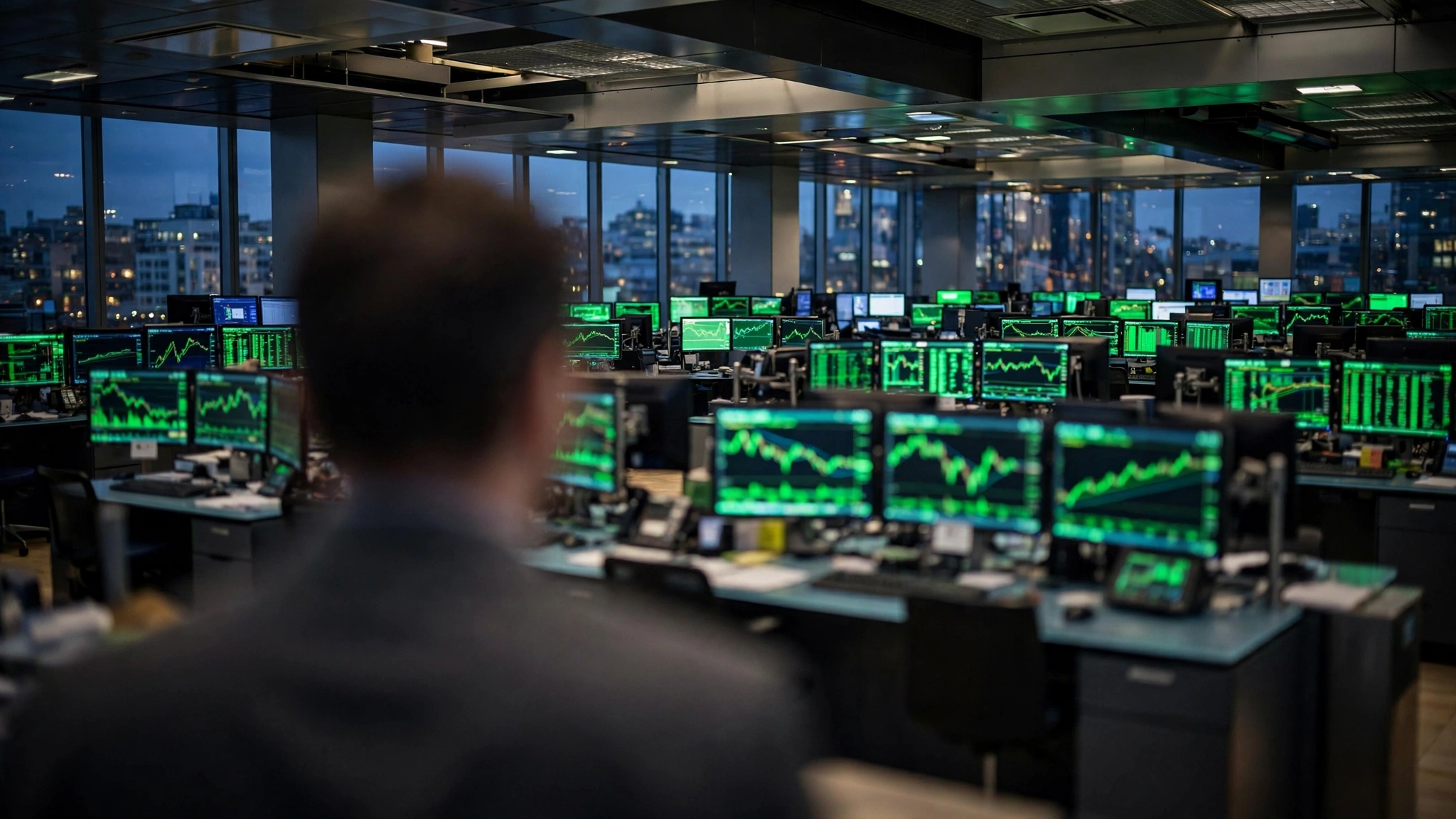 A stock trading floor at dusk with rows of monitors showing market charts glowing green