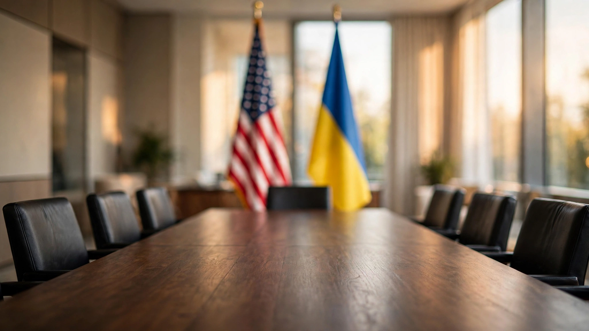 An empty diplomatic meeting room with a long conference table and the flags of the United States and Ukraine standing at the far end