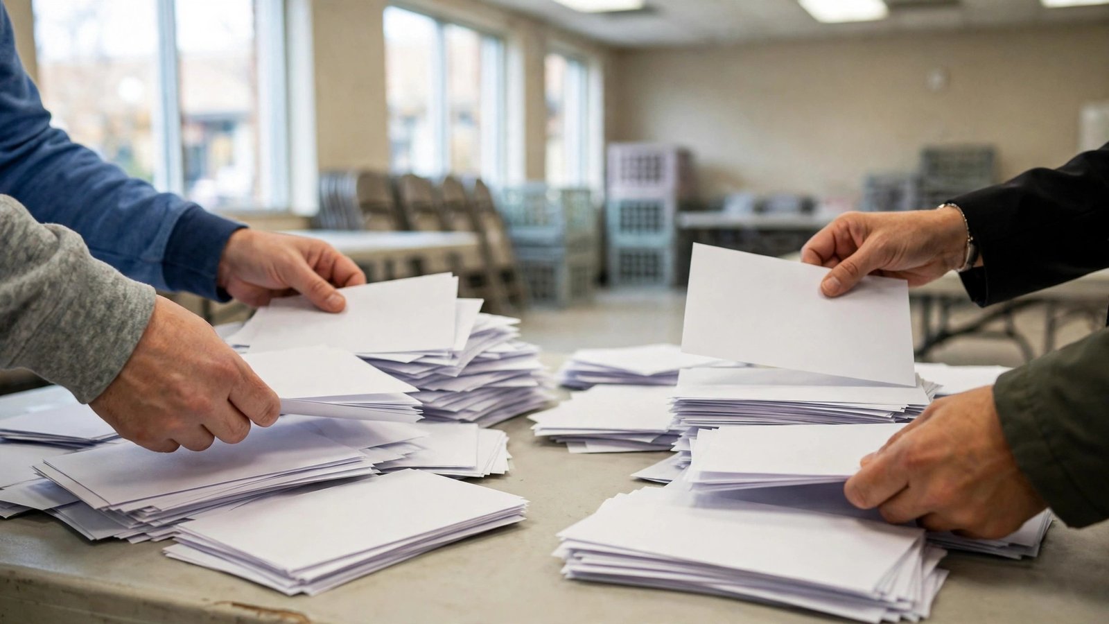 Hands sorting stacks of blank paper ballots on a table in a bright hall