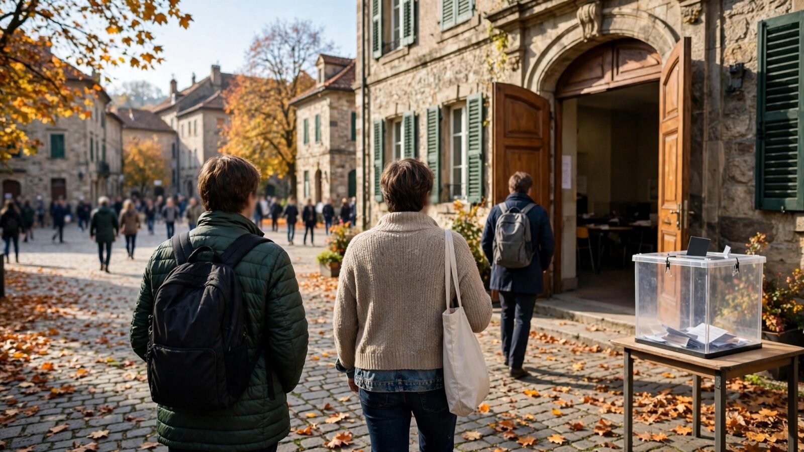 Voters walking toward the open doors of a stone building in a European town square, with a clear ballot box on a table in the foreground
