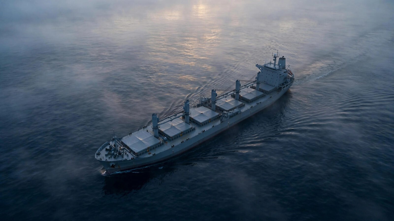 A gray general cargo ship underway on a calm sea at dawn