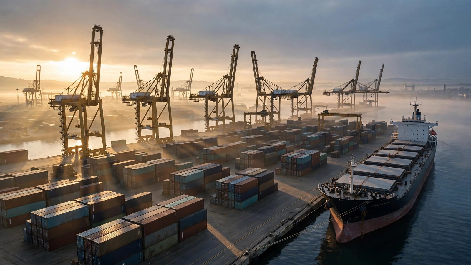 Tall port cranes and stacked shipping containers at a seaport at sunrise