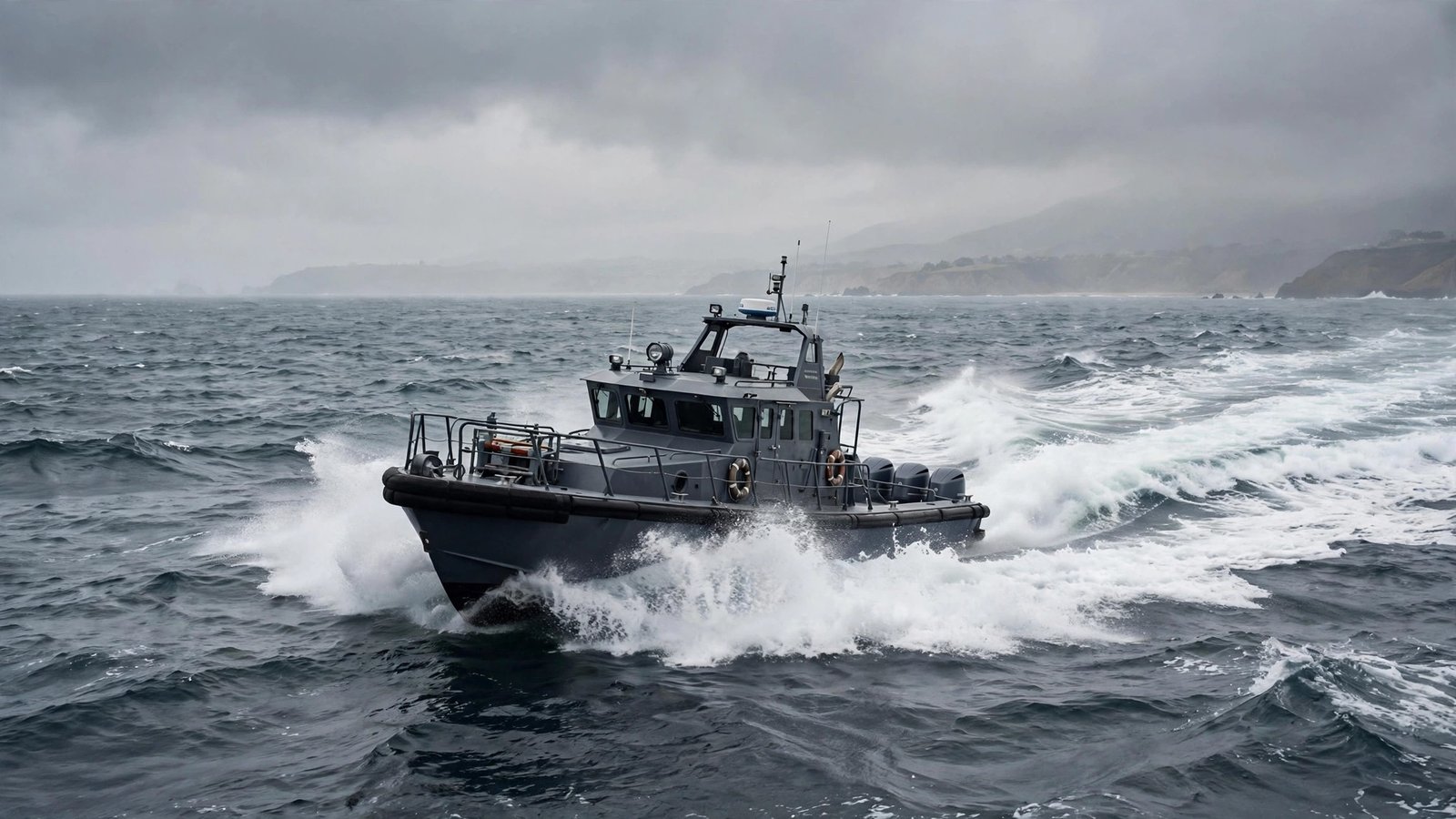 A gray patrol boat moving fast across open water with a hazy coastline in the distance