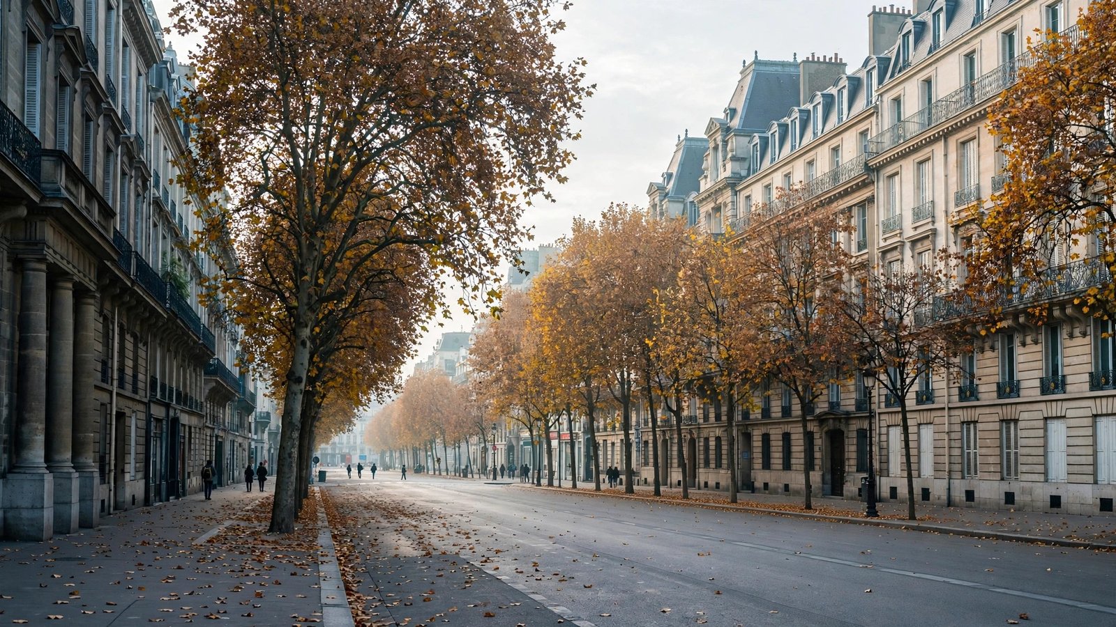 A wide city street lined with historic buildings and autumn trees, with a few distant pedestrians