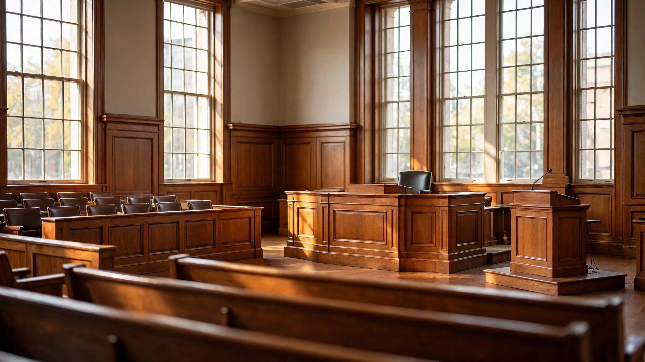 The interior of an empty American courtroom with the judge's bench, witness stand and jury box.