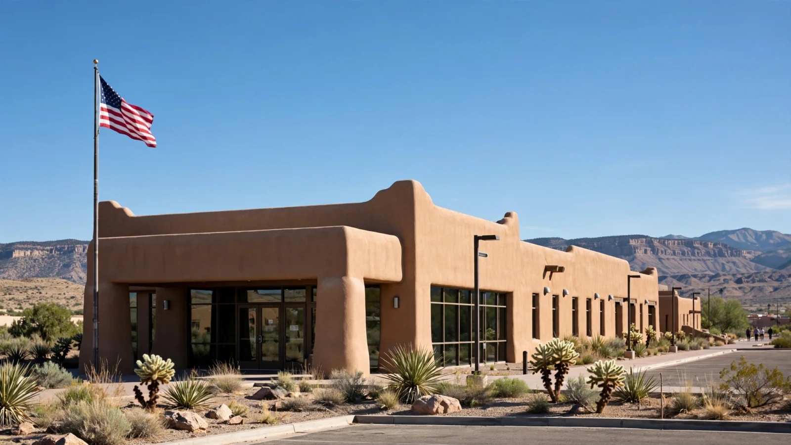 The adobe-style exterior of a New Mexico courthouse under a clear desert sky.