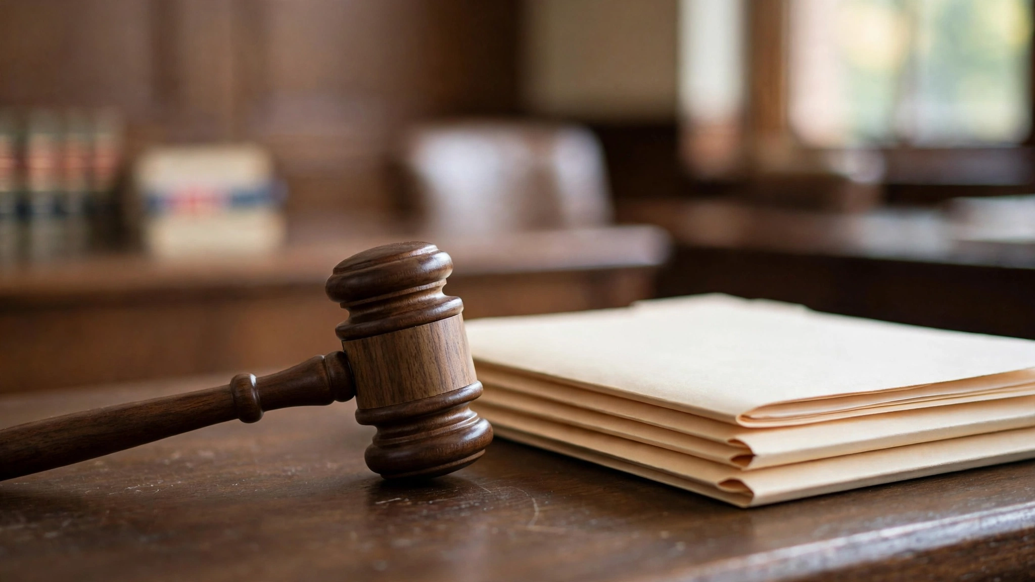 A wooden judge's gavel on a courtroom desk beside a stack of plain legal folders.