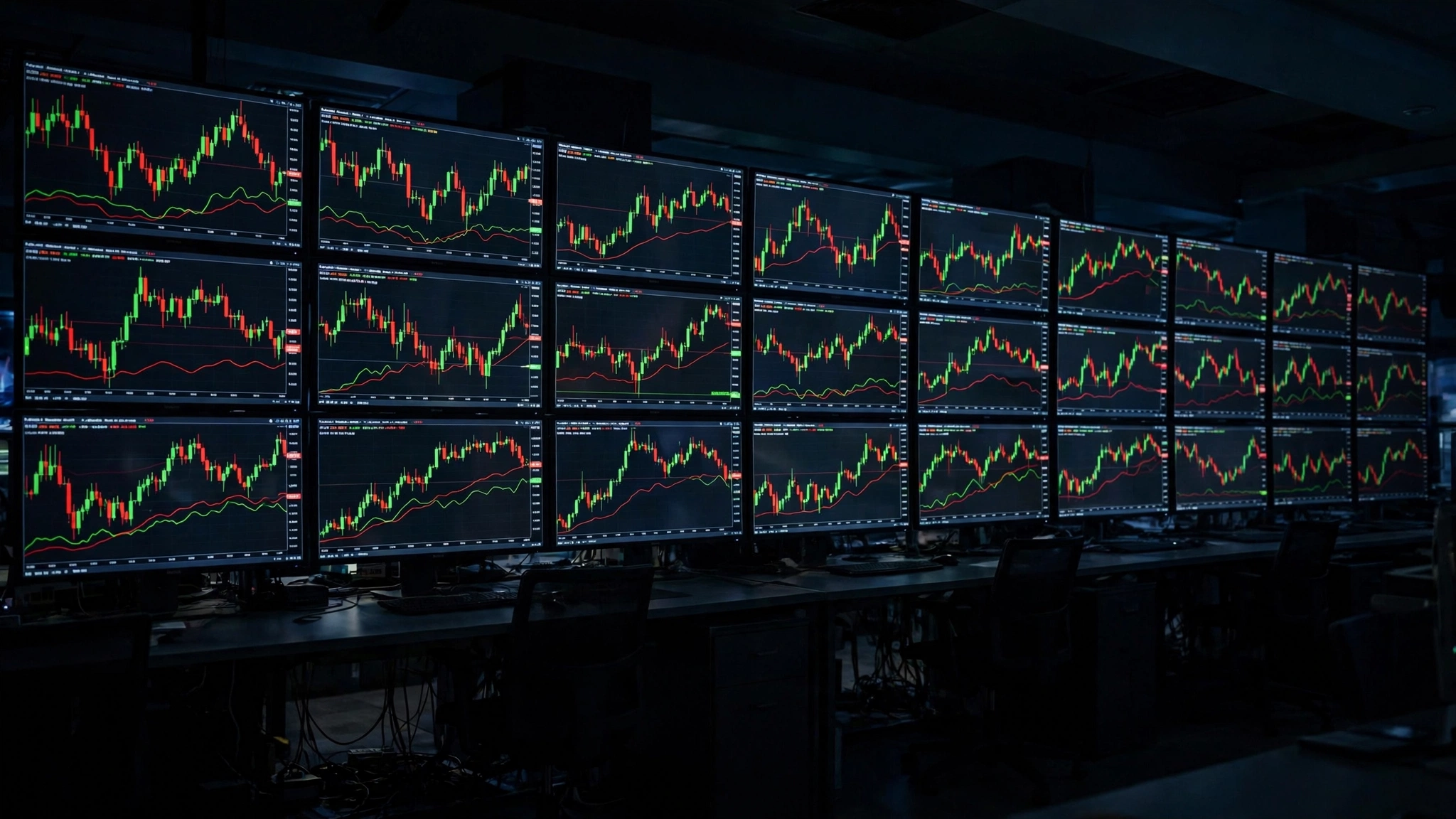 Rows of trading monitors showing red and green stock market charts on a dim trading floor