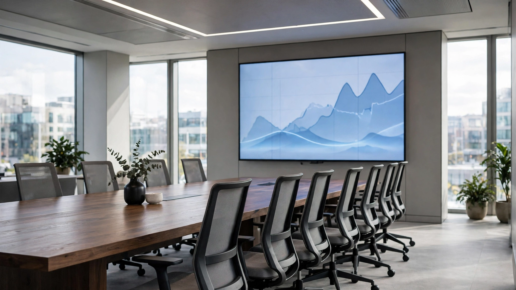 A modern investment office conference room with a long table and a wall screen showing a financial chart