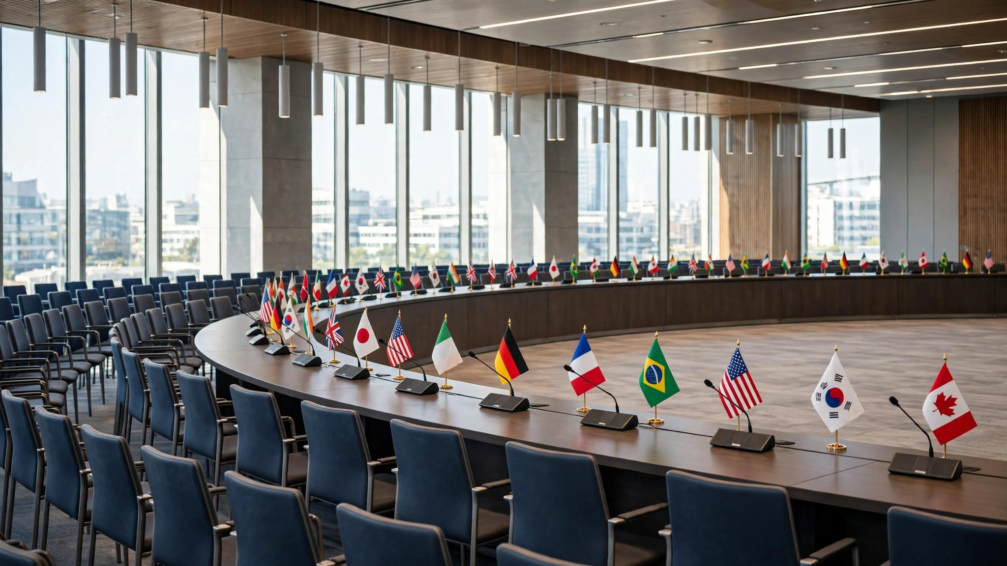An empty conference hall with a long curved table, chairs, microphones and small national flags on the table.