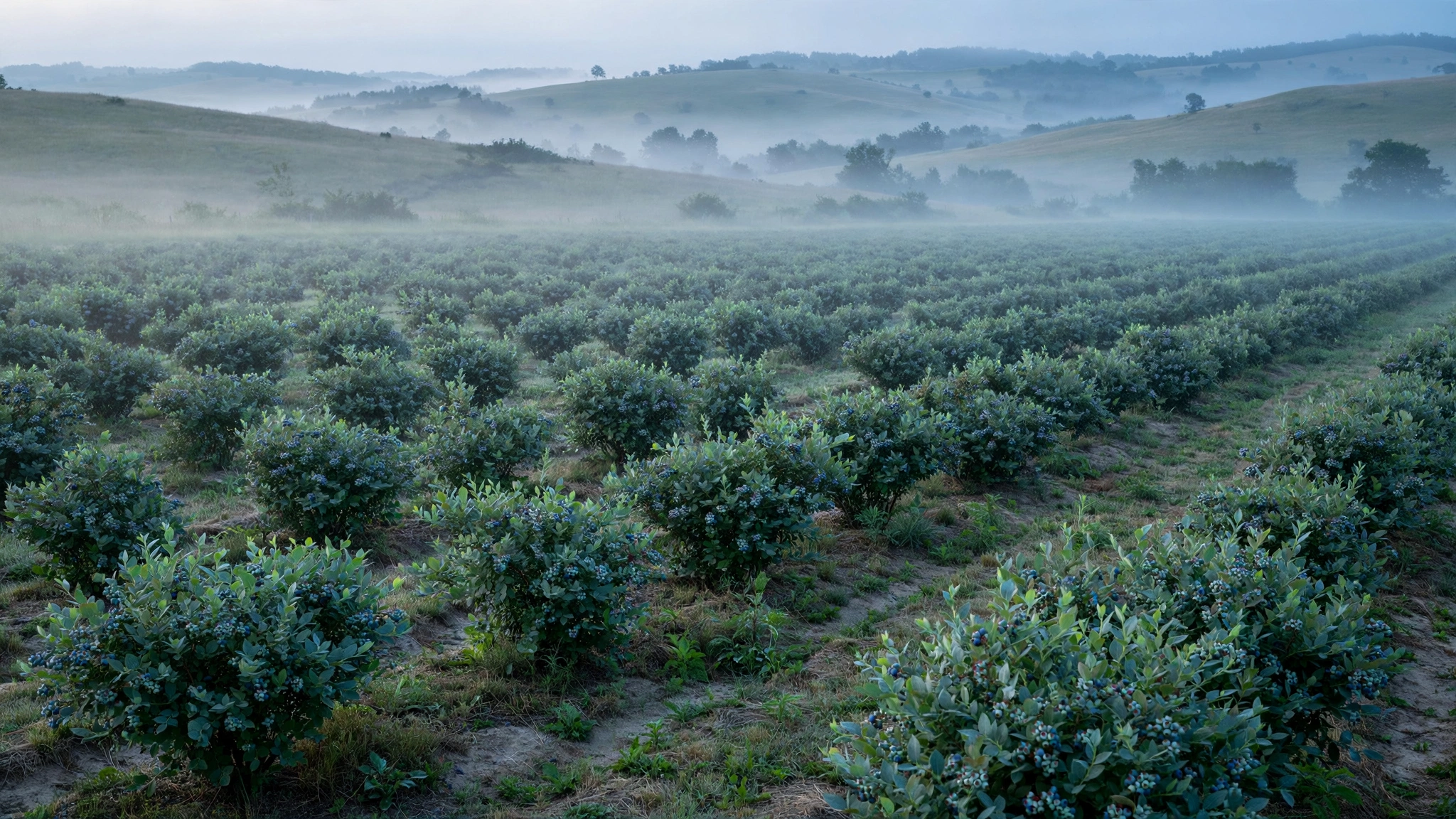 Rows of low blueberry bushes stretching across a farm field at dawn with mist over rolling hills