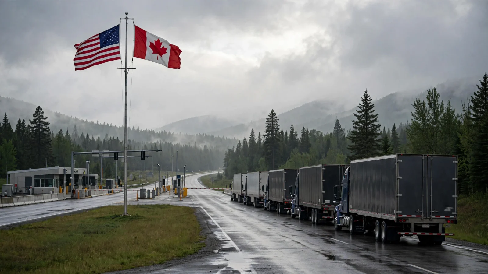 Line of semi trucks with box trailers waiting at a highway border checkpoint under American and Canadian flags on a foggy morning