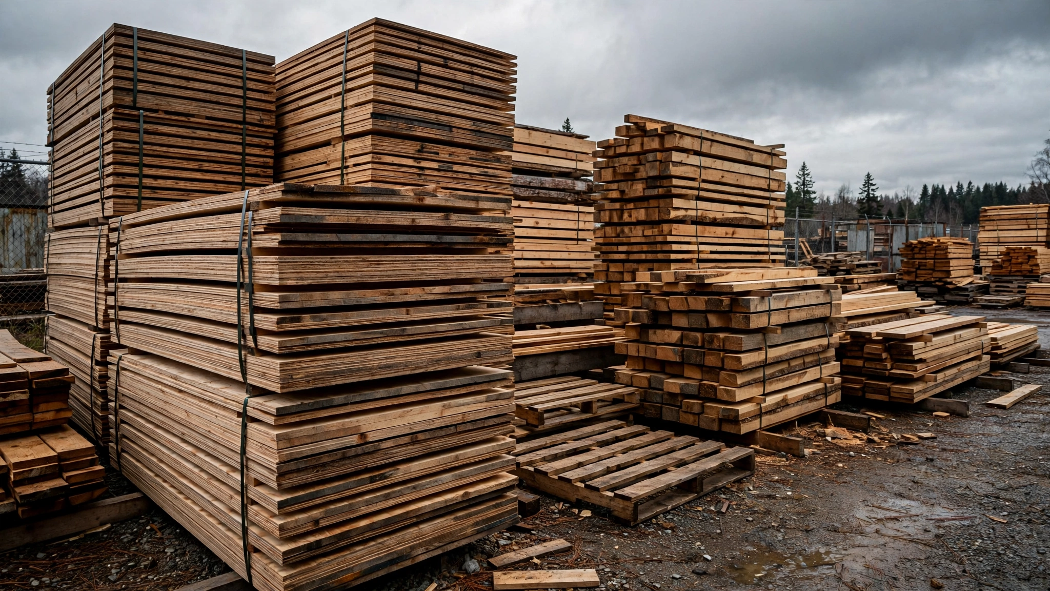 Bundles of stacked plywood sheets and timber on wooden pallets at an outdoor lumber yard under a cloudy sky