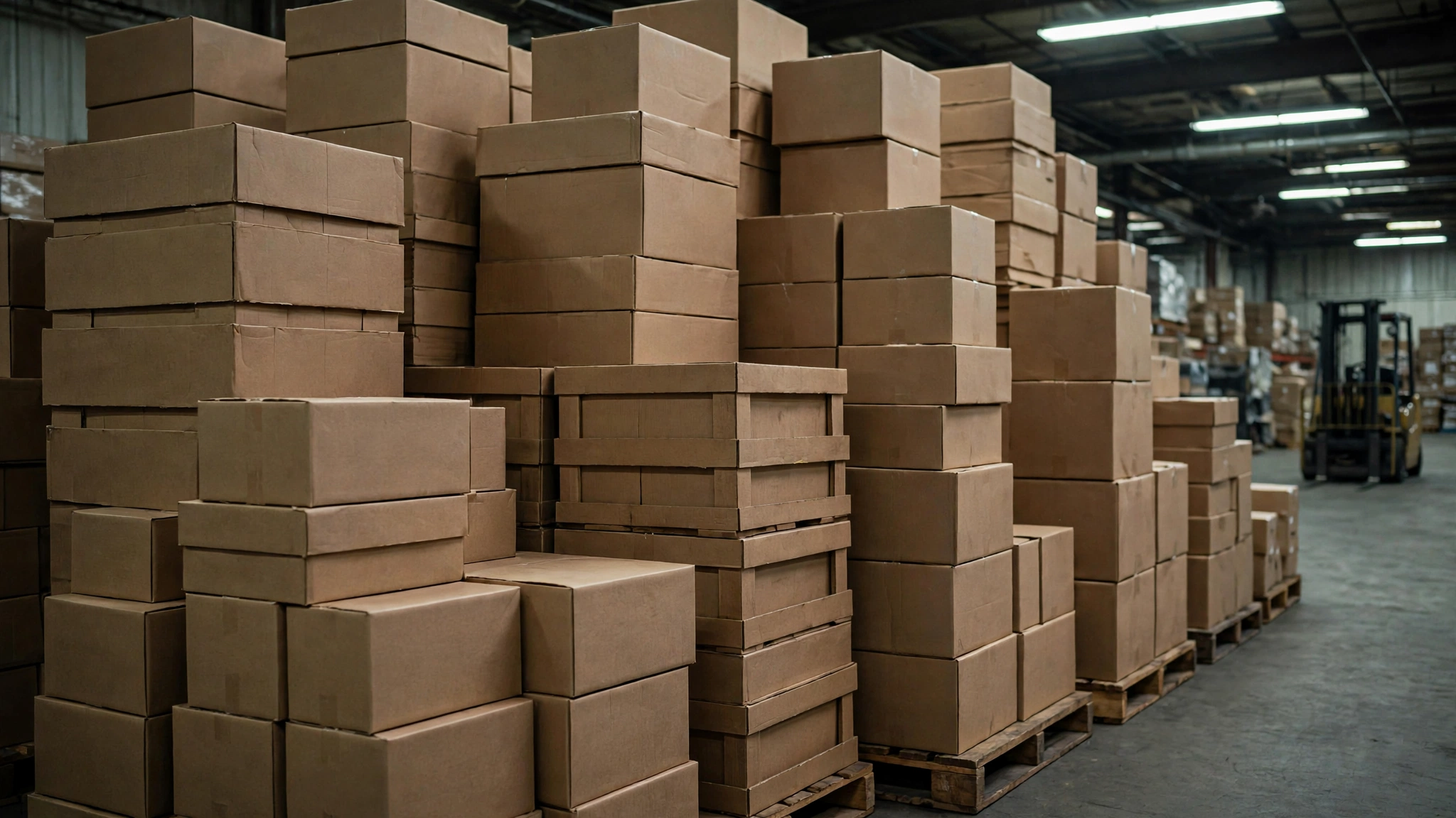 Tall stacks of plain brown cardboard packing crates on wooden pallets inside a warehouse