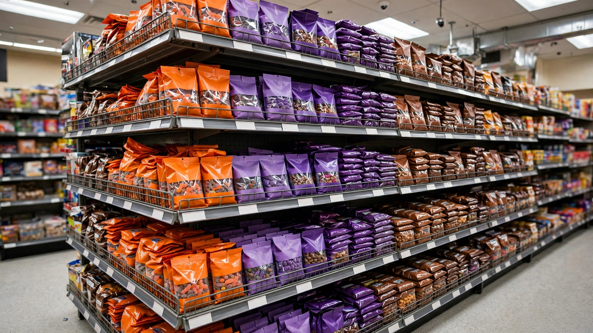 Grocery store shelves stocked with orange, purple and brown bags of wrapped candy