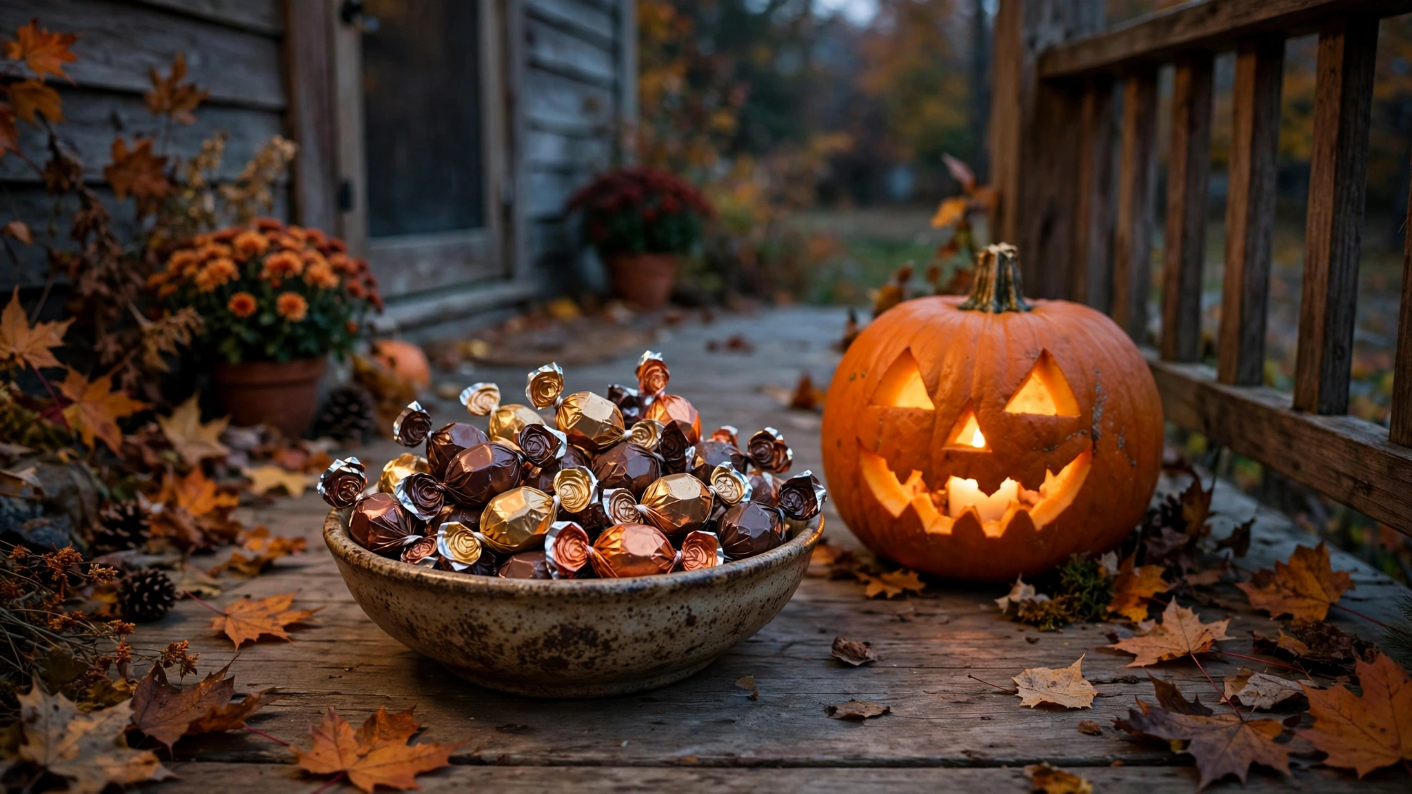 A bowl of foil-wrapped chocolate candies beside a lit jack-o-lantern on a porch