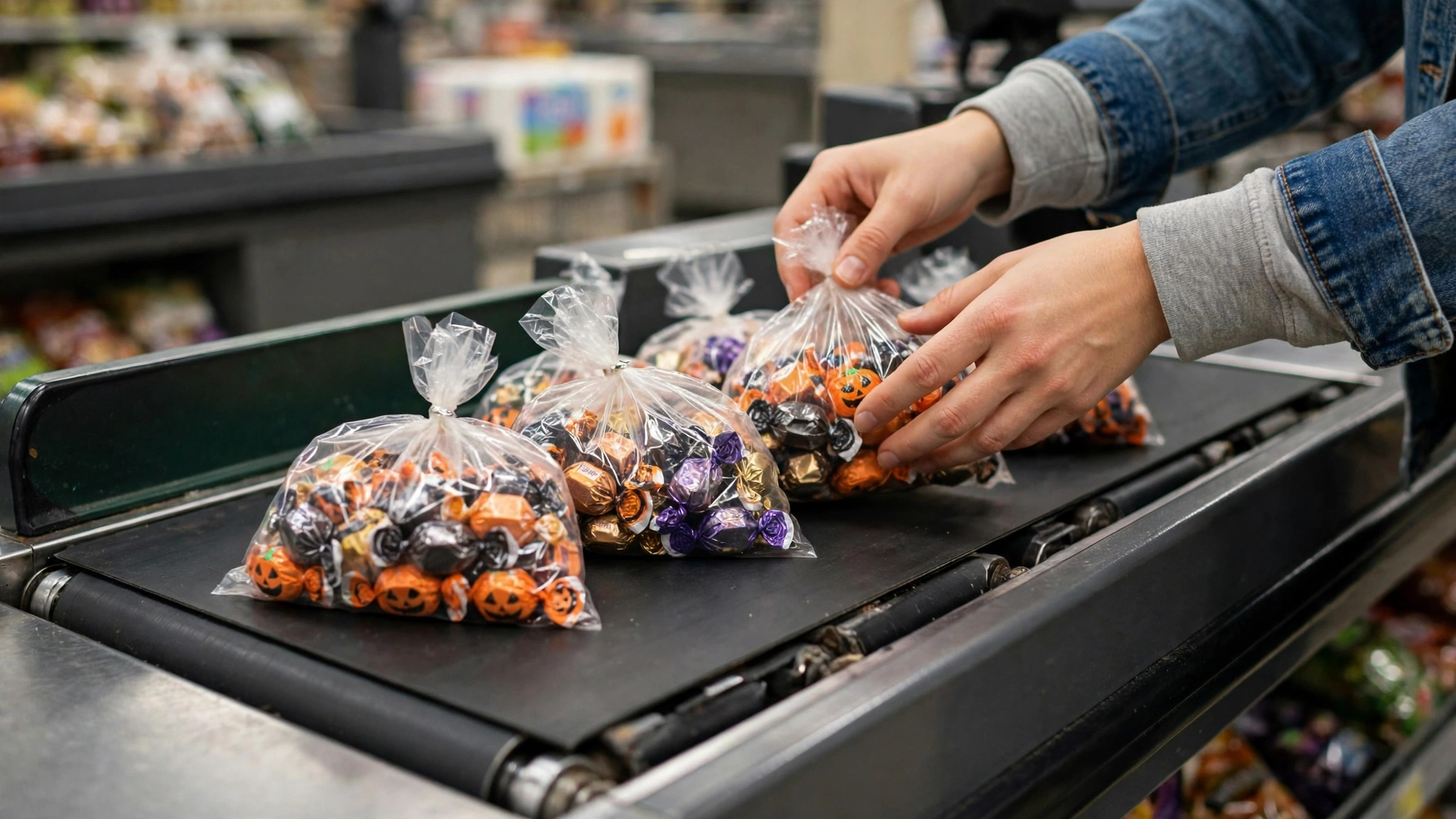 Hands placing clear bags of wrapped Halloween candy on a checkout belt