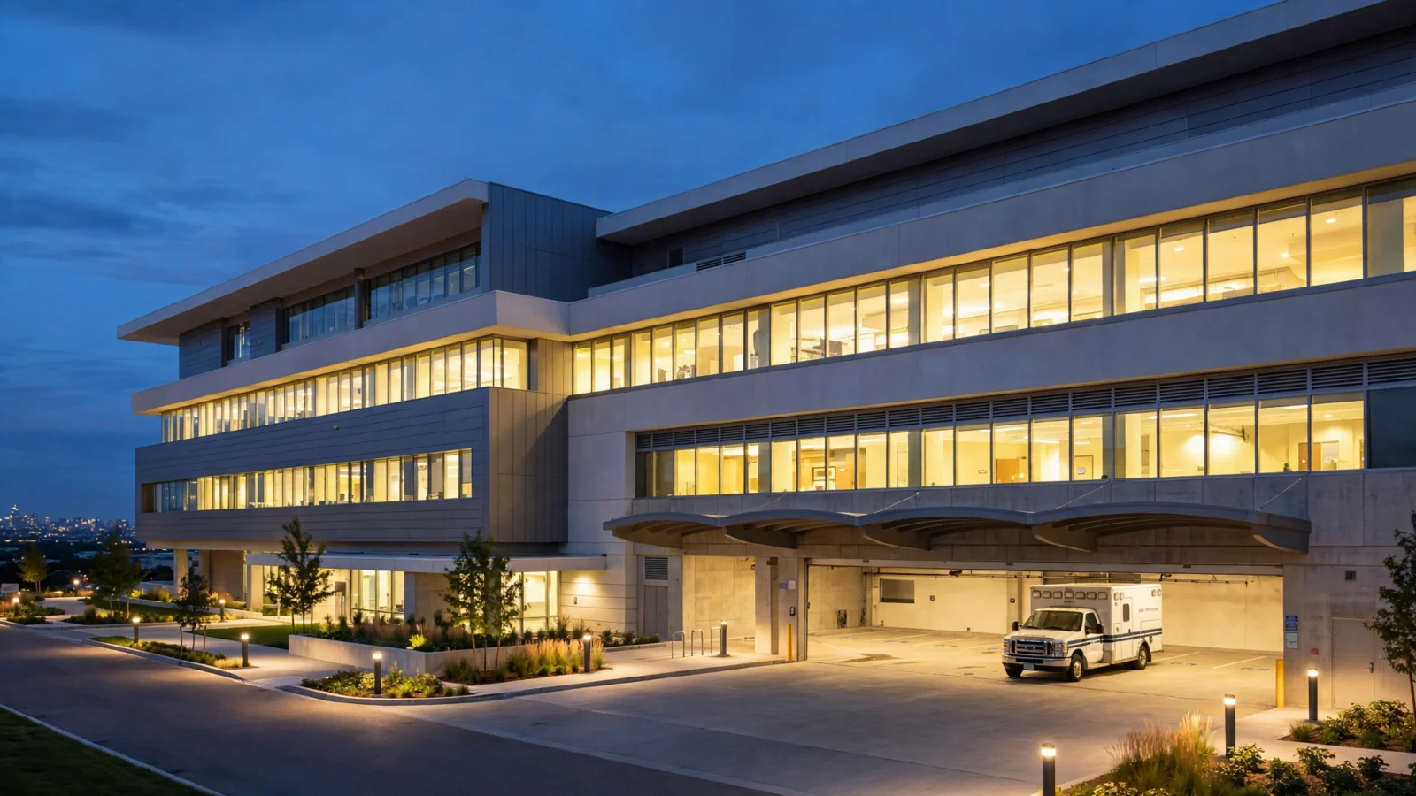 A modern hospital building with lit windows at dusk and an ambulance parked at the entrance bay