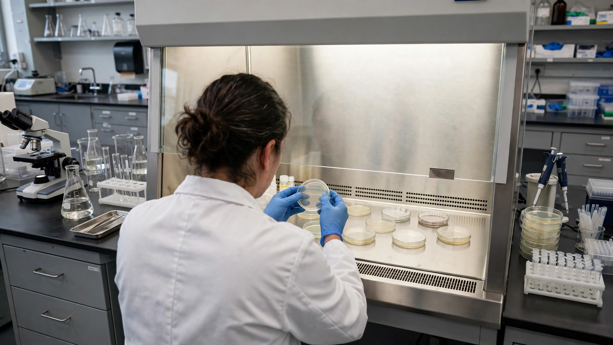 A laboratory worker in a white coat and blue gloves holding a petri dish at a biosafety cabinet
