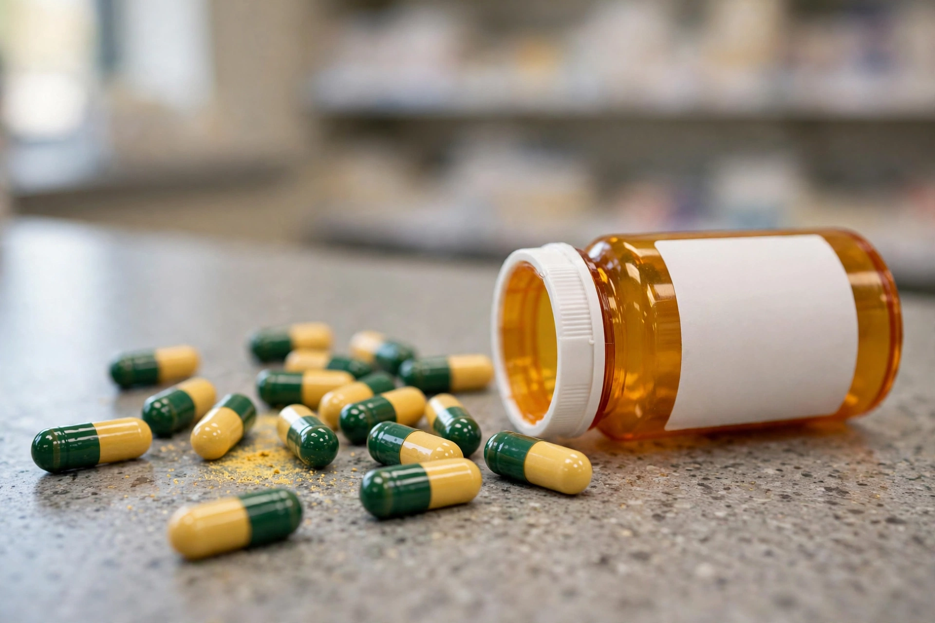 Green and yellow capsules spilled from an amber pill bottle with a blank label on a counter