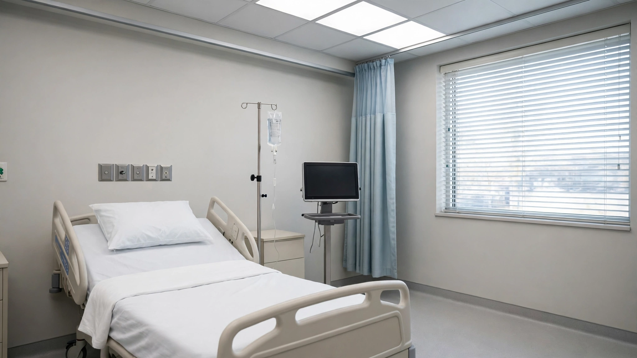 An empty hospital room with a made bed, an IV stand and a monitor beside a window with blinds