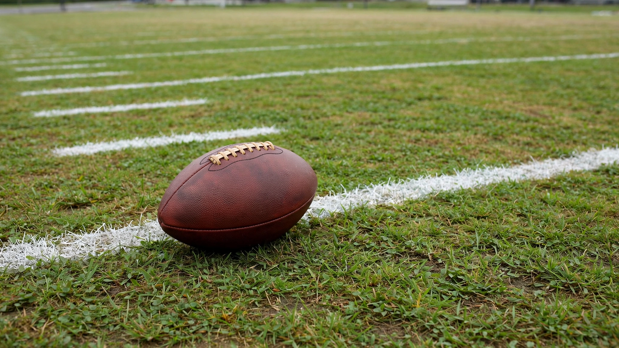 A brown American football resting on grass beside a white yard line