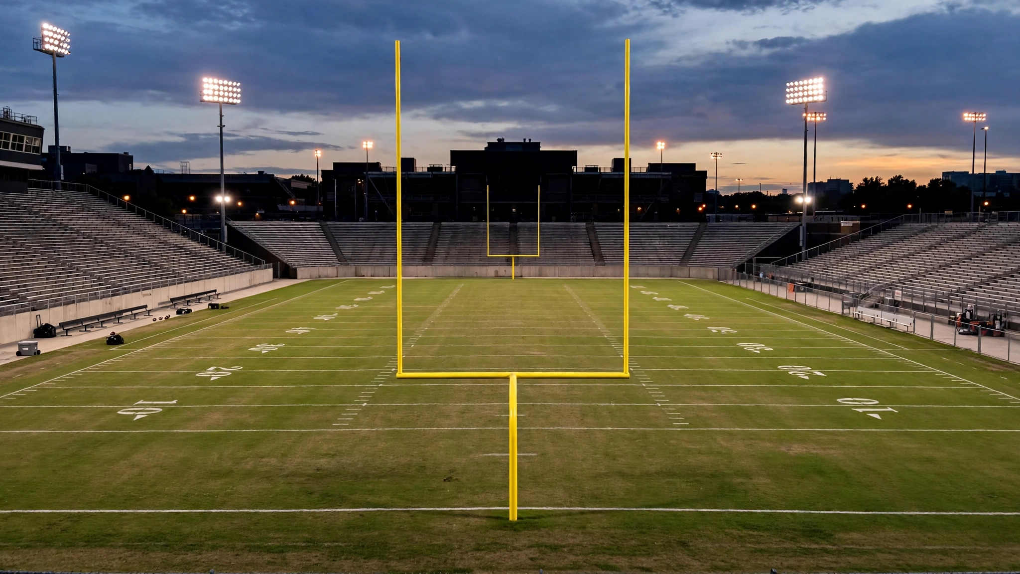 Yellow goalposts on a football field under floodlights at dusk, with empty stands behind them