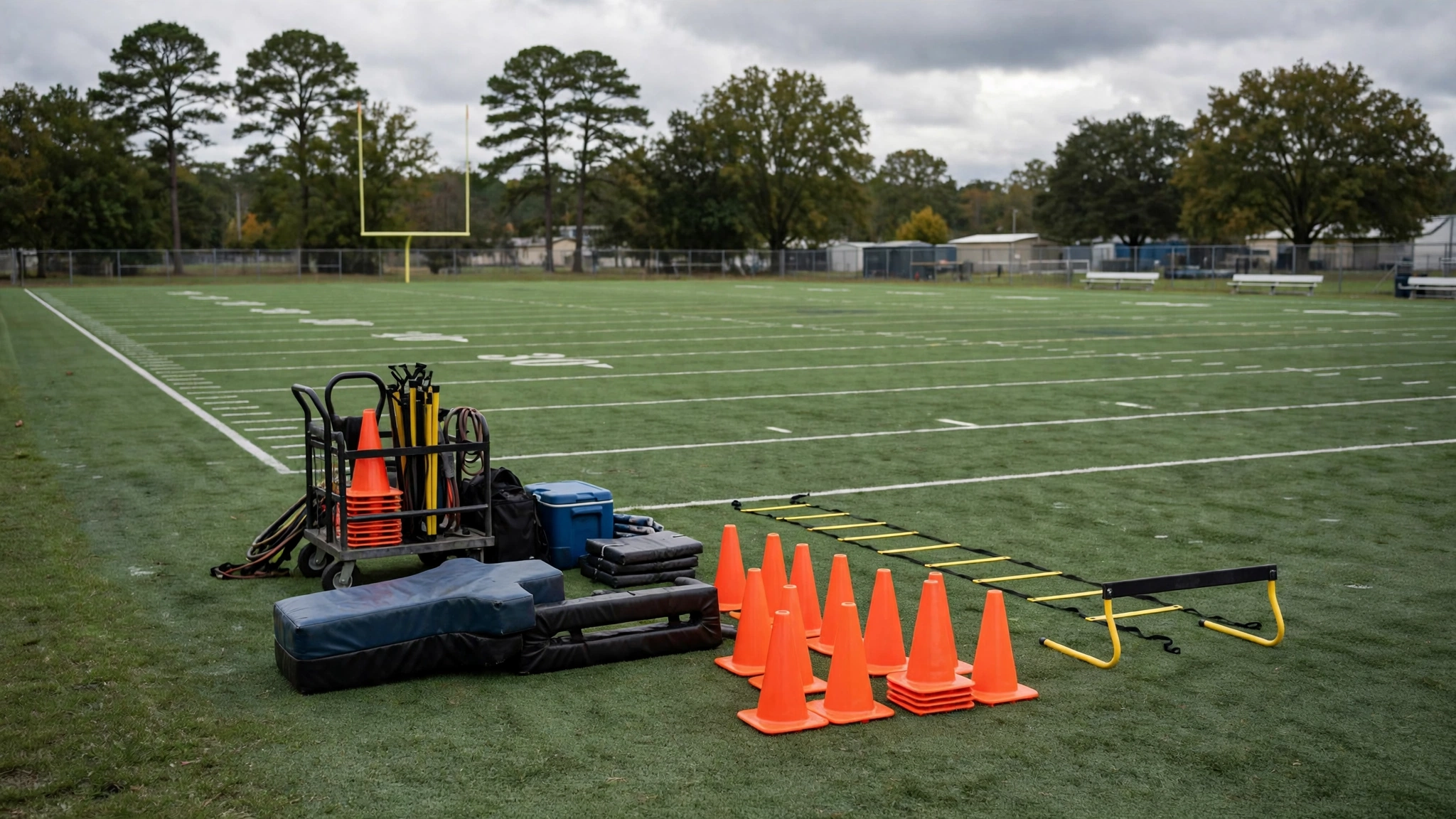 Practice equipment, orange cones and a ladder drill laid out on a green artificial turf field