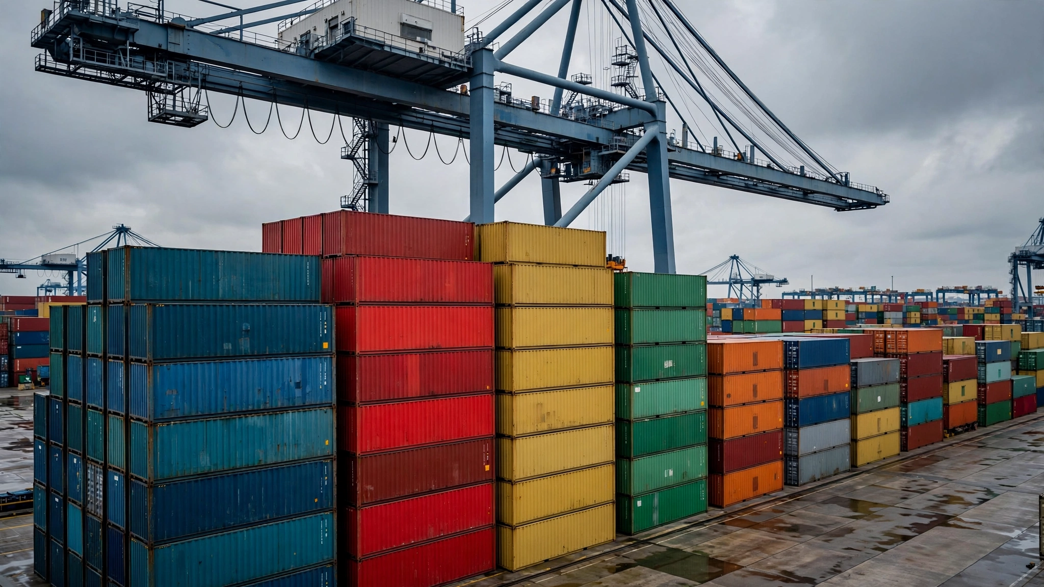 Stacks of colorful shipping containers under a large gantry crane at a cargo port
