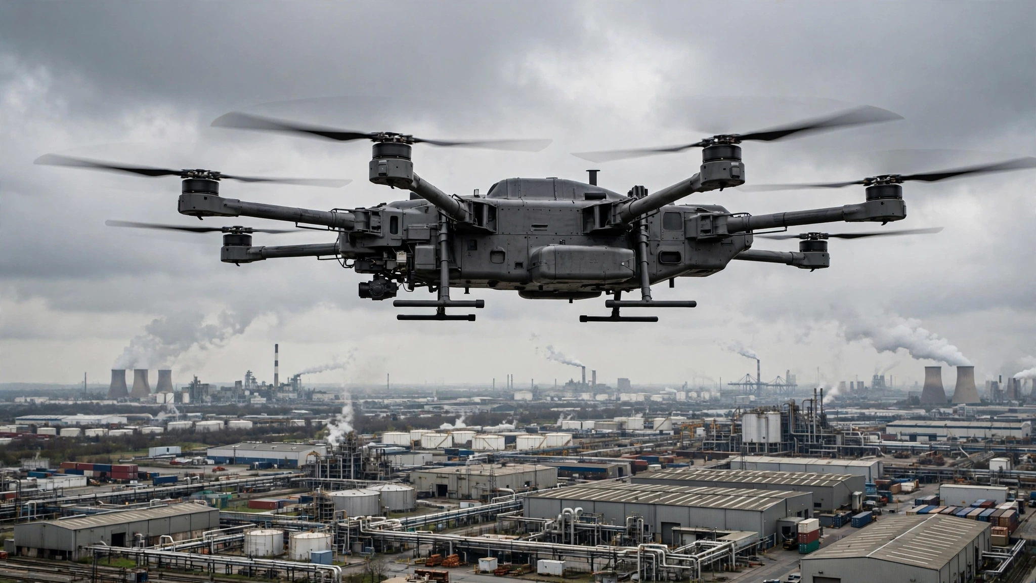 A large industrial quadcopter drone flying over an industrial zone