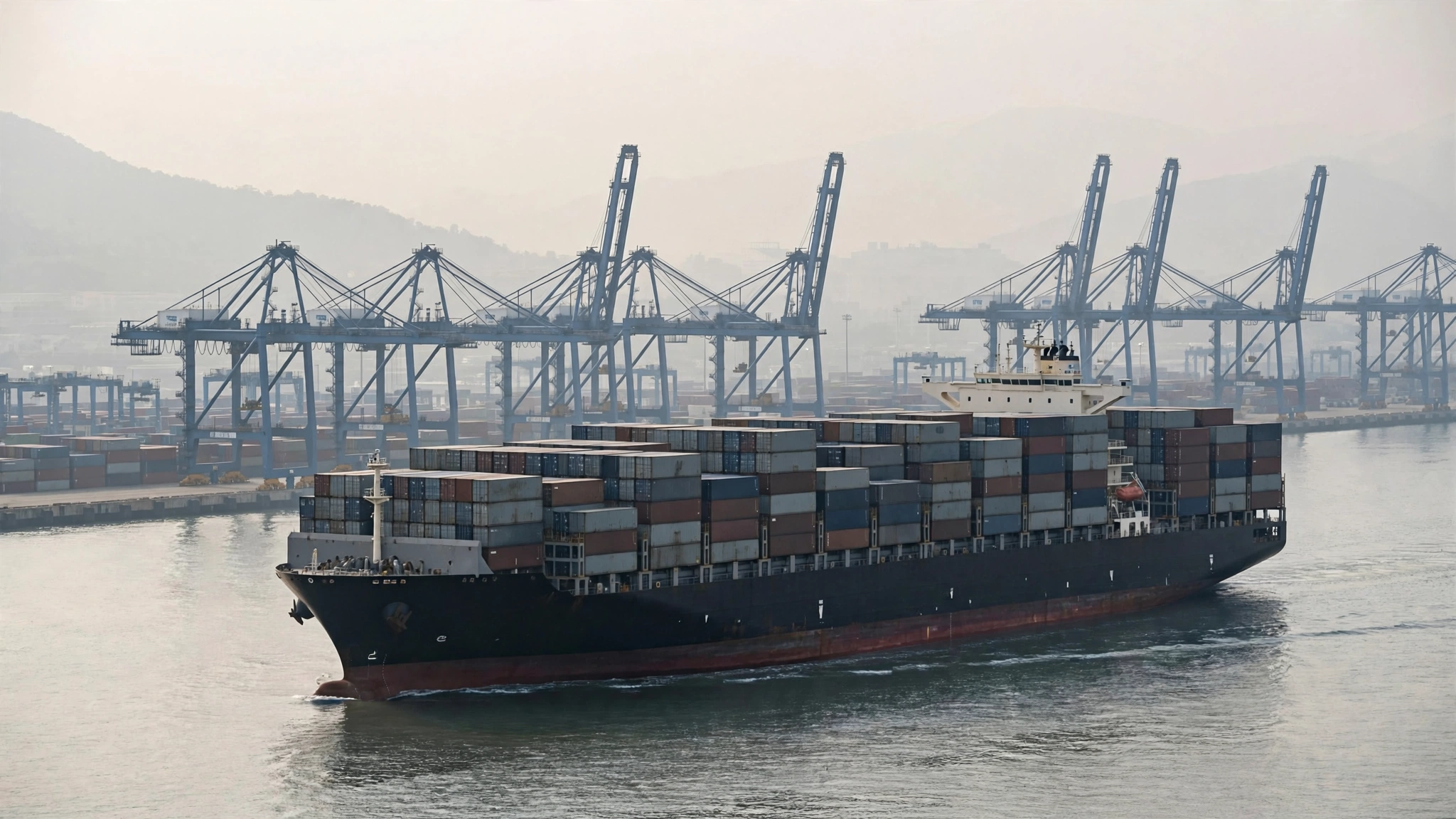 A large container ship loaded with shipping containers arriving at a seaport with gantry cranes behind it