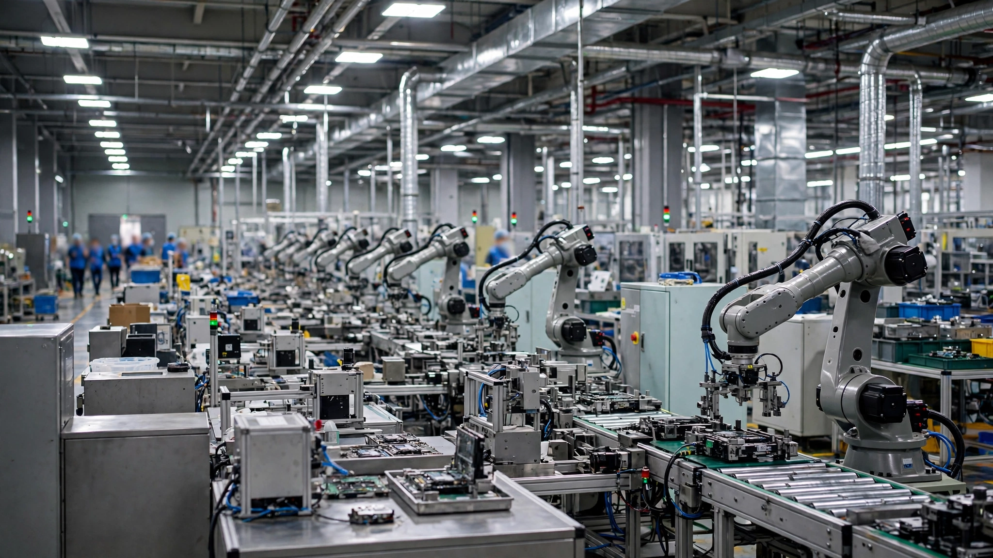 The interior of a modern manufacturing plant with robotic arms and machinery along a production line