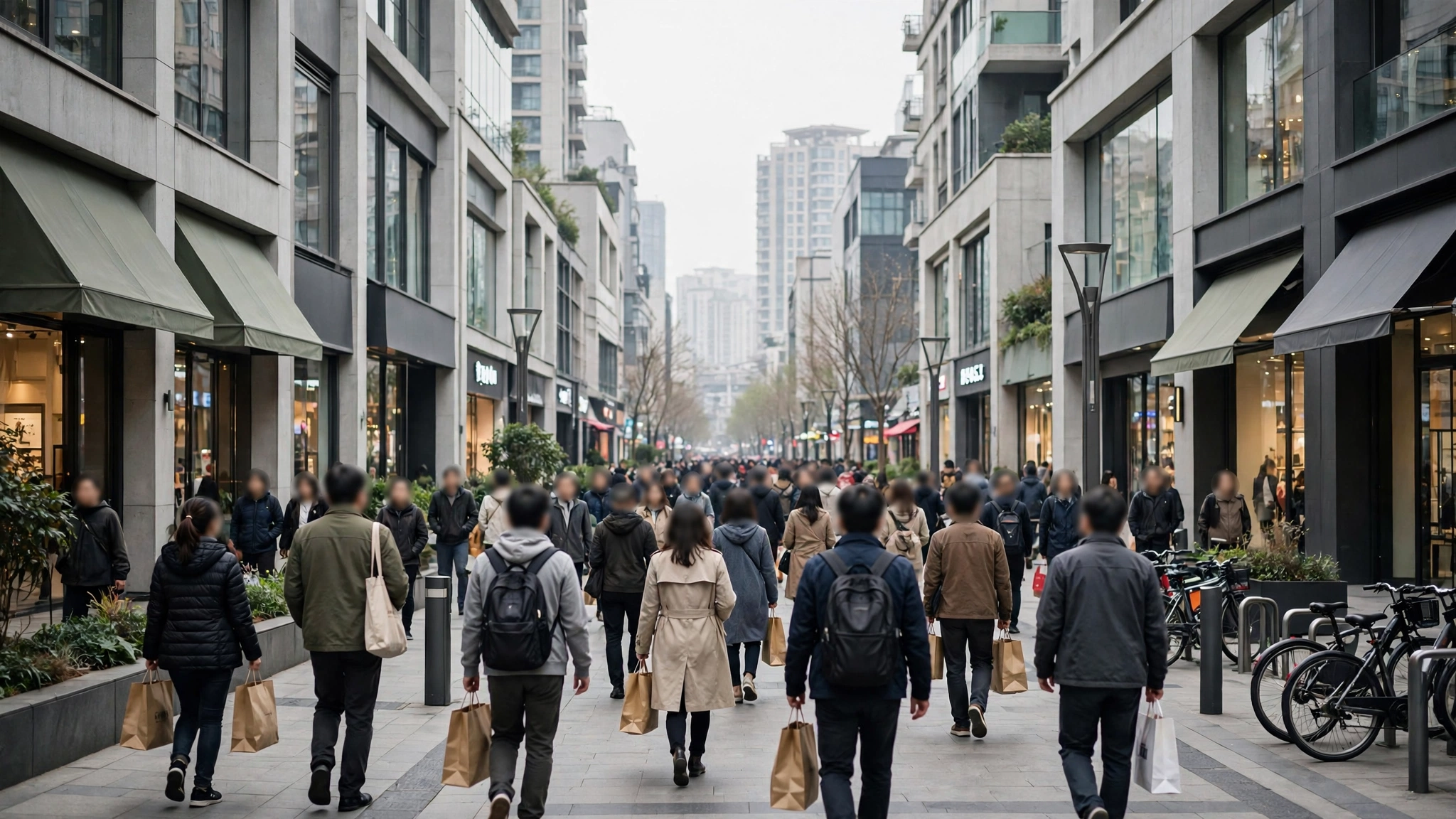 Pedestrians carrying shopping bags walking along a busy retail street in a Chinese city