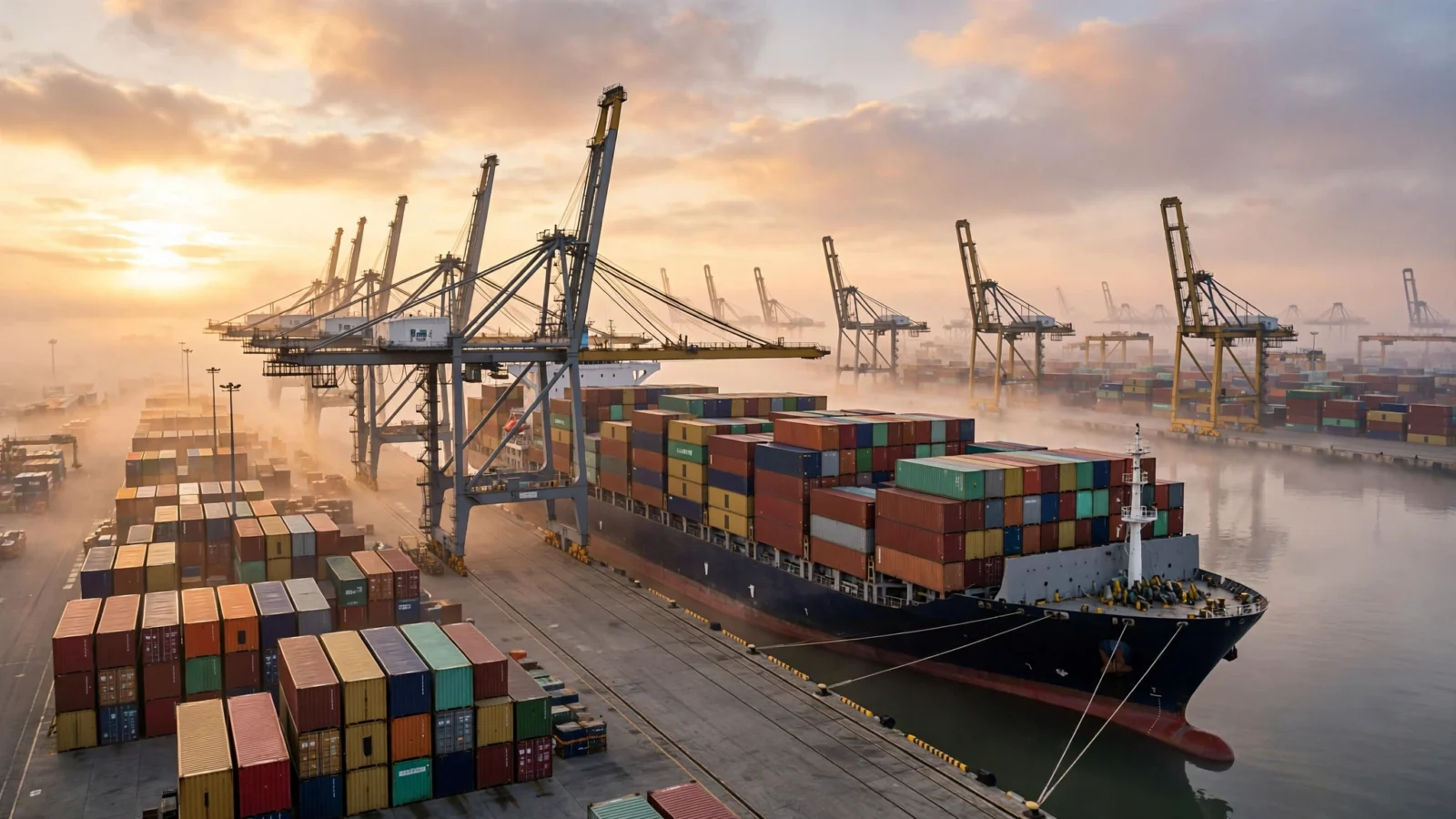A large container ship docked at a cargo port at sunrise, with cranes and stacked containers