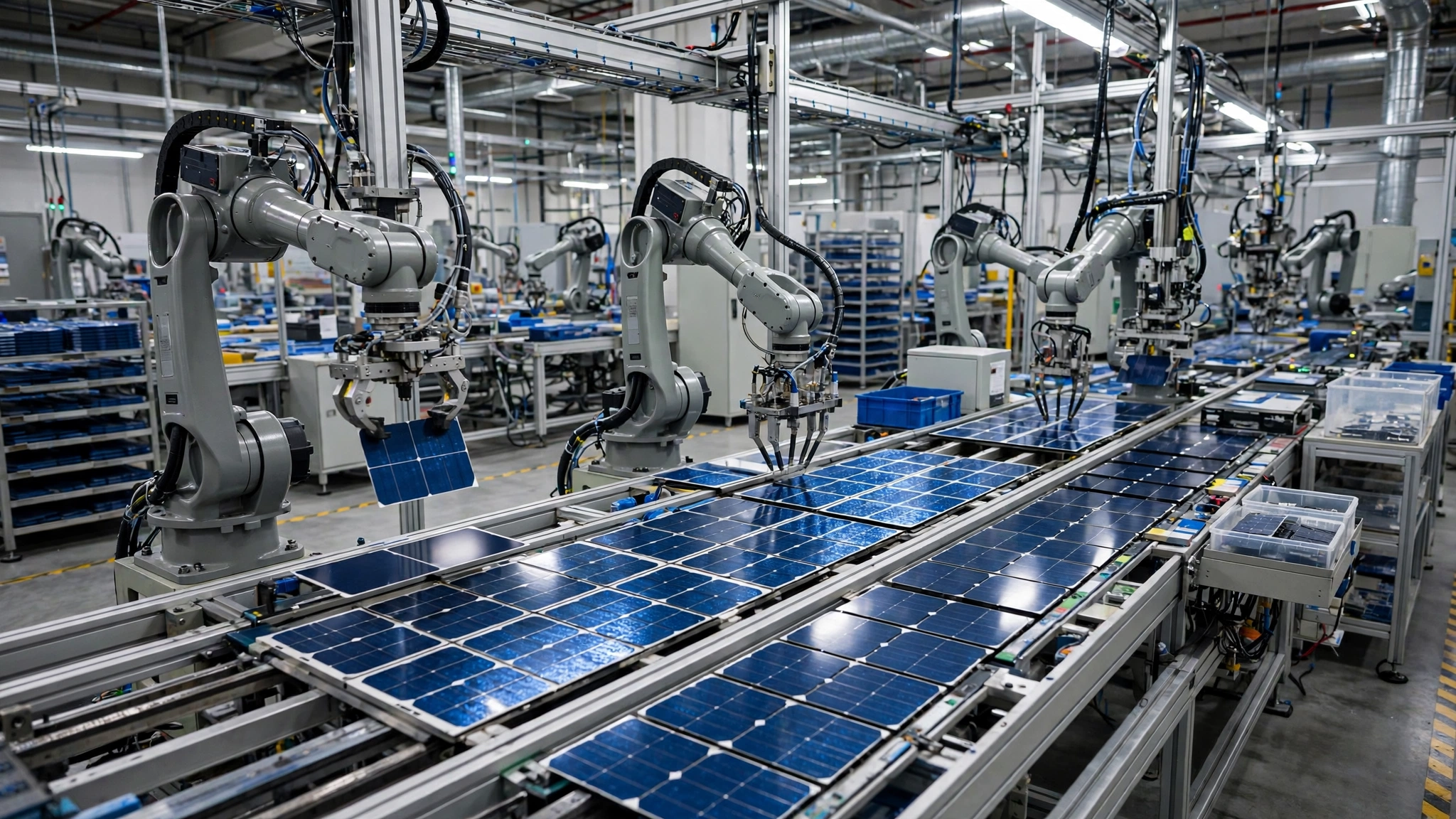 Robotic arms assembling blue solar panels on a factory production line