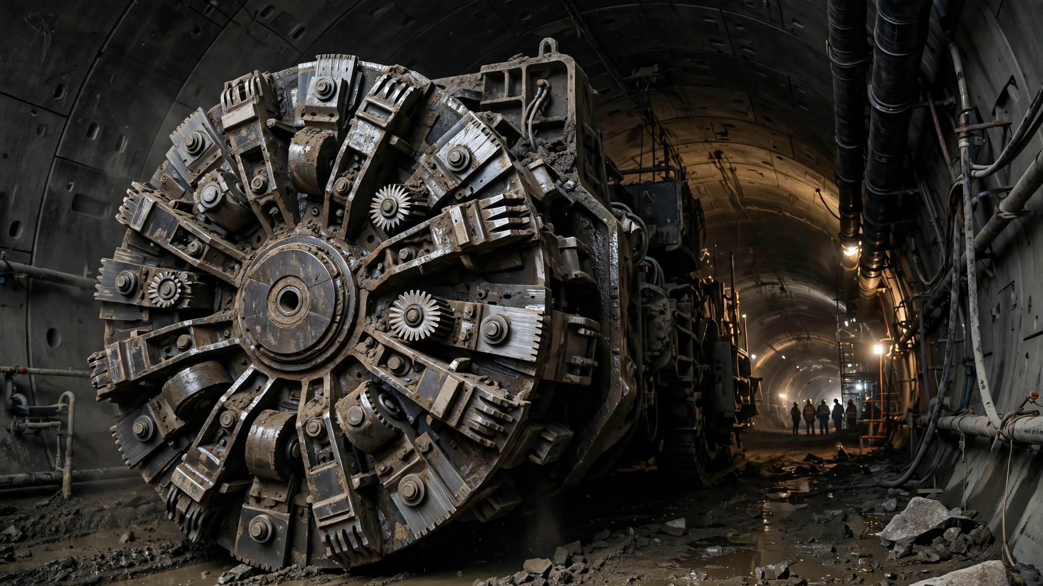 A tunnel-boring machine cutter head inside a dark construction tunnel with workers in the distance
