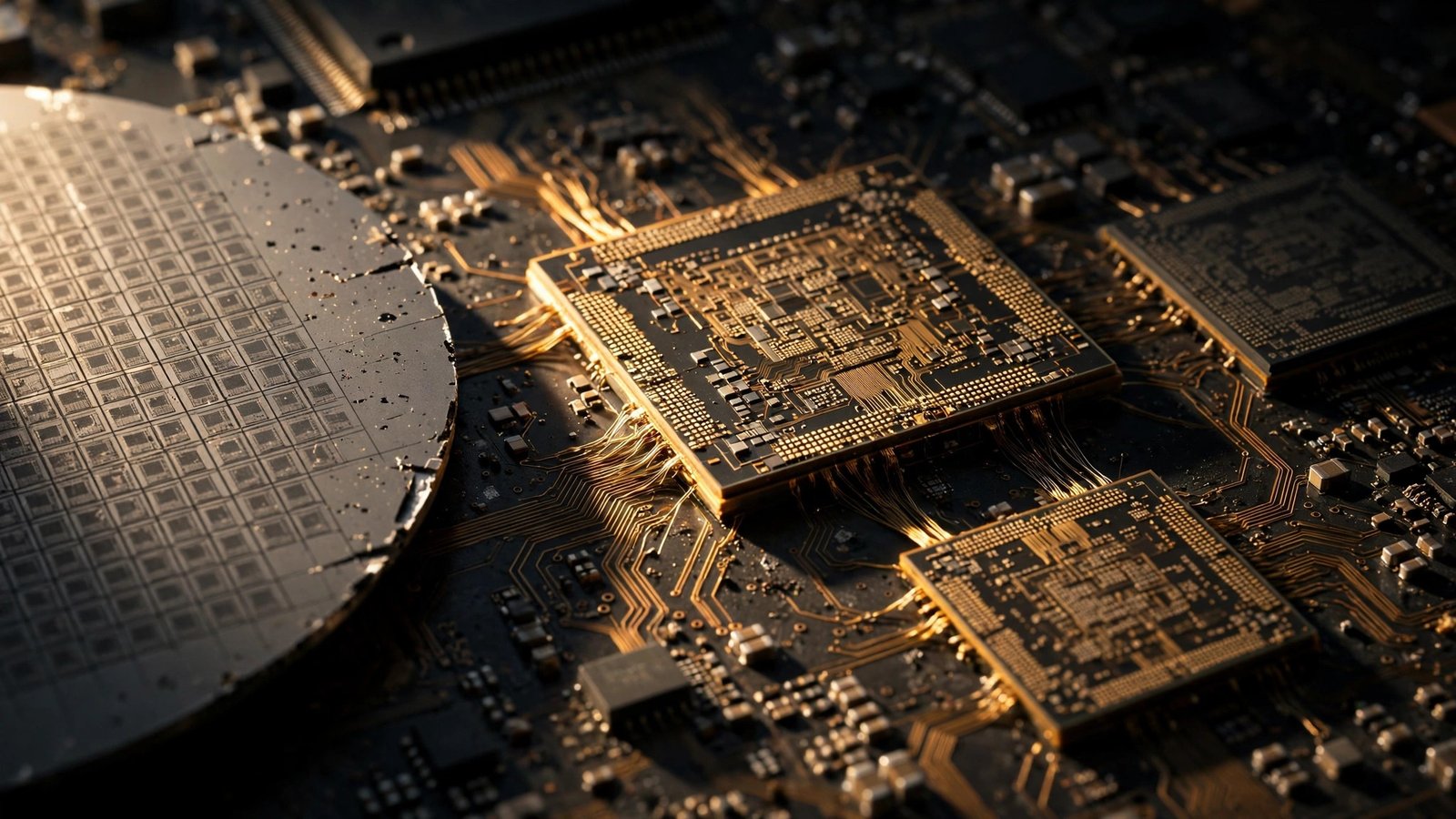 Close-up of computer processor chips and fine circuitry on a circuit board