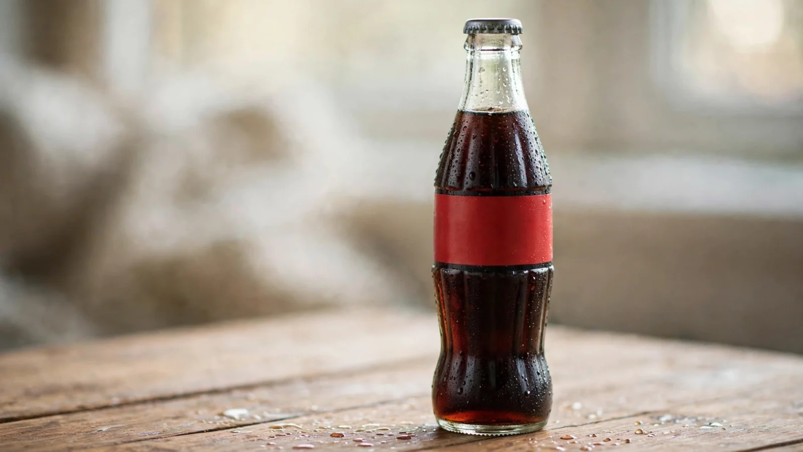 A chilled glass bottle of dark cola with condensation, with a plain red label, standing on a wooden table