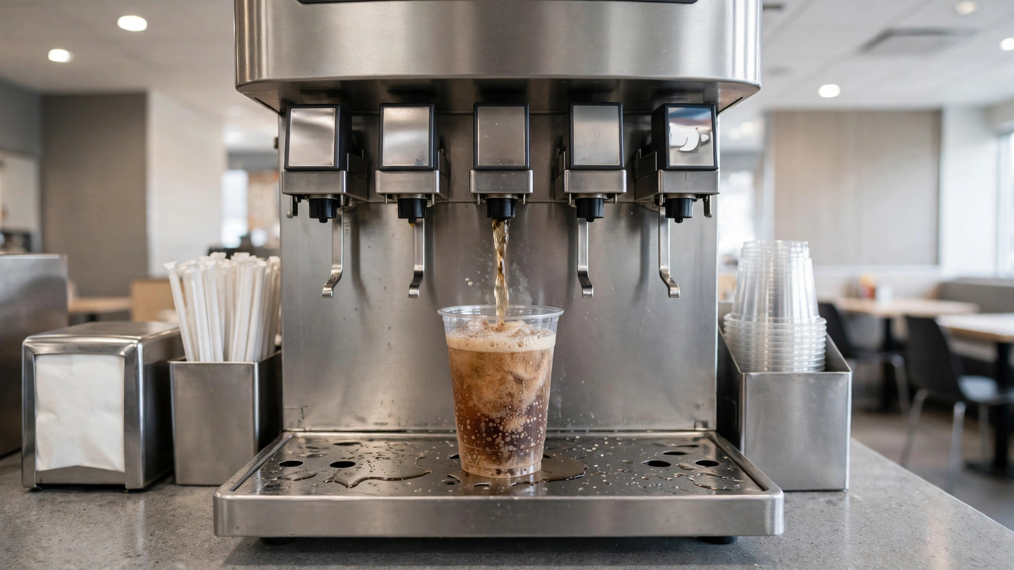 A soda fountain machine filling a clear plastic cup with a dark fizzy drink at a restaurant counter