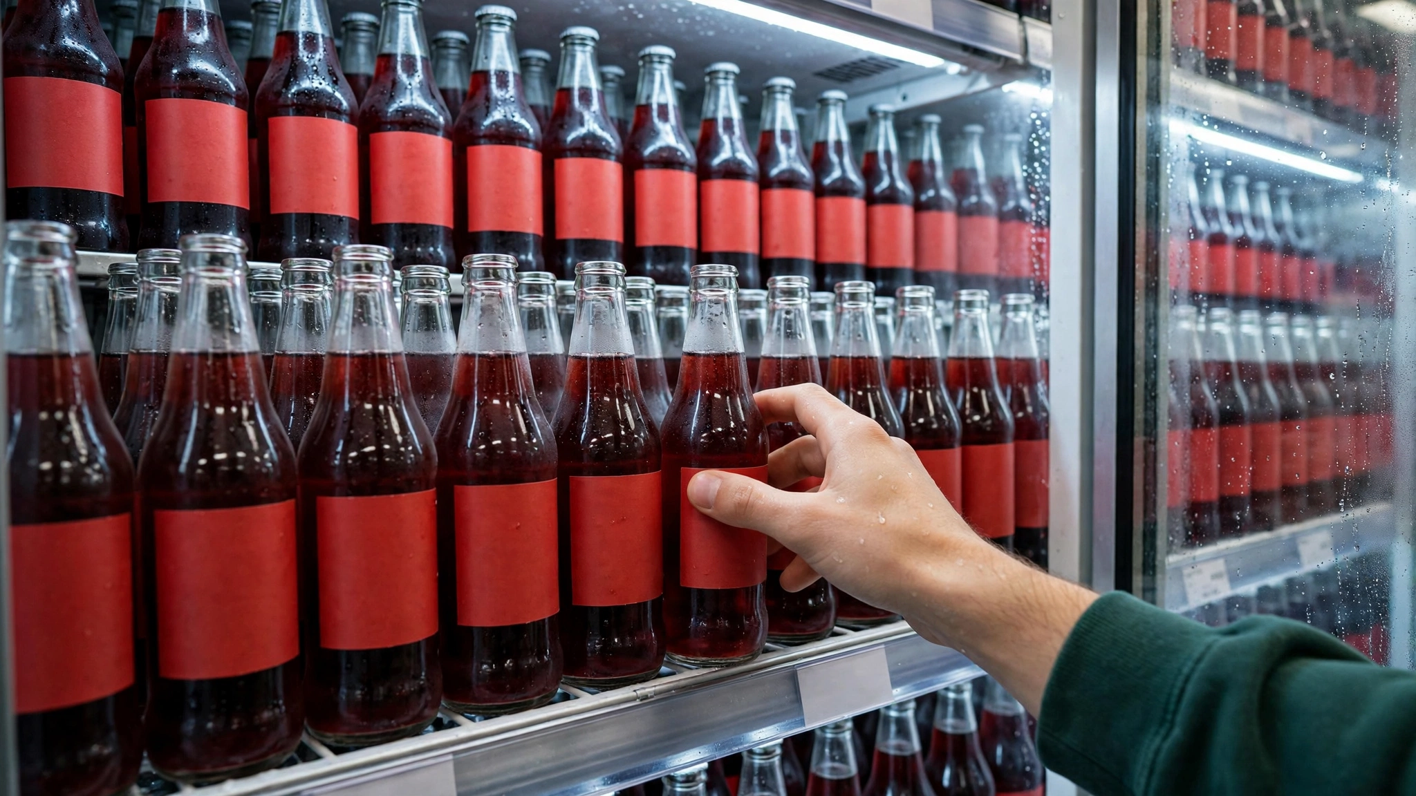 A hand reaching for a chilled bottle of dark cola from a refrigerated display case filled with red-labeled bottles