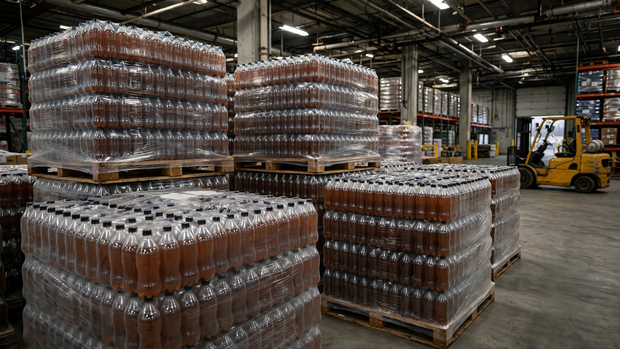 Shrink-wrapped pallets of bottled soft drinks stacked in a warehouse, with a forklift in the background