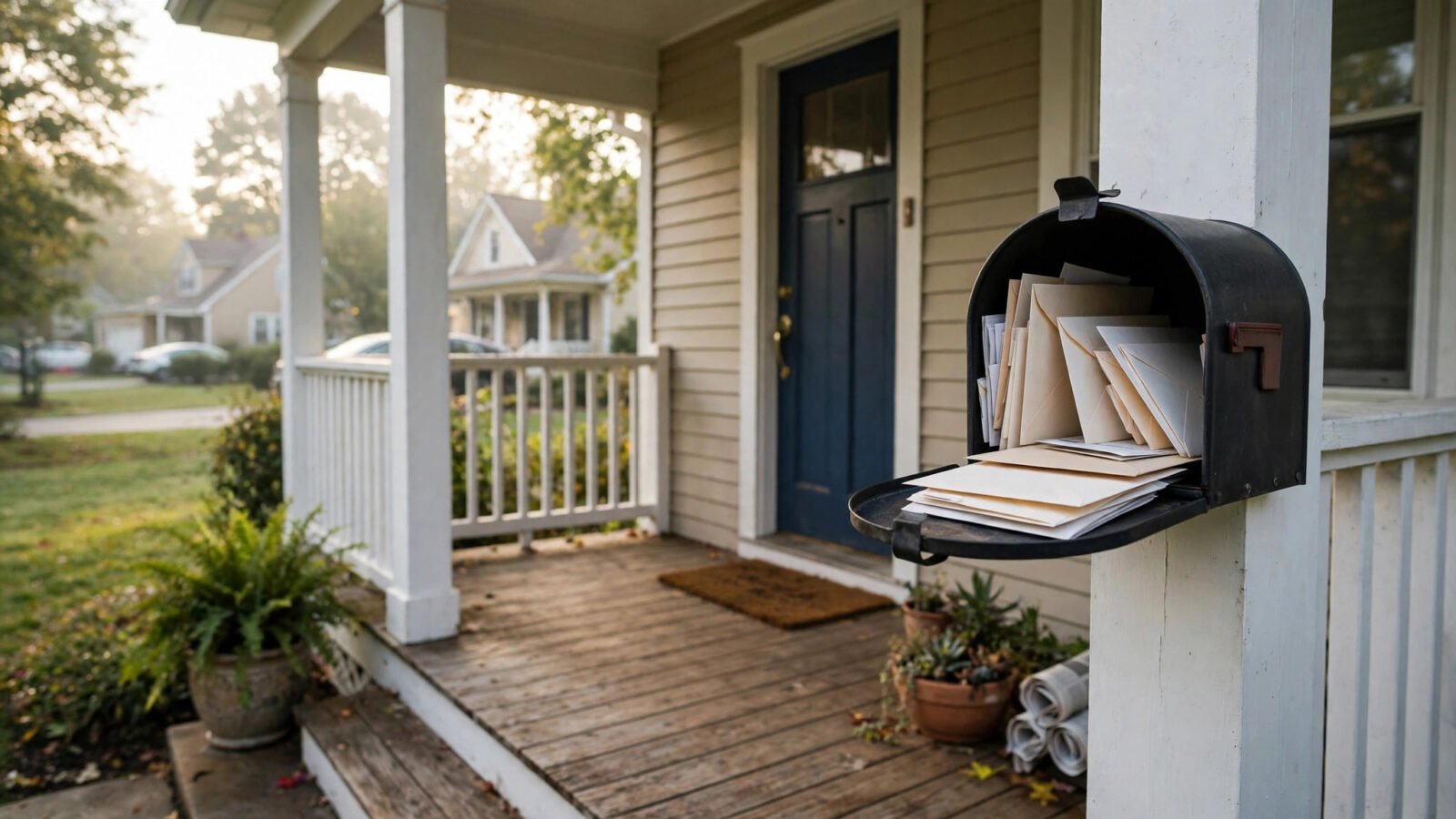 An open mailbox on a home's front porch holding several envelopes and pieces of mail.