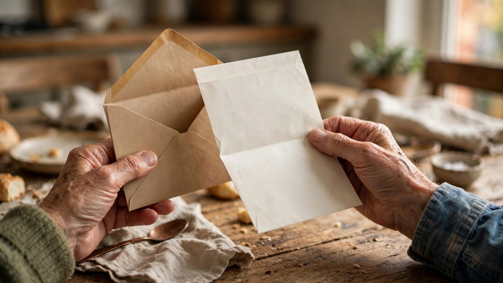 Close view of an elderly person's hands holding an opened envelope and letter at a kitchen table.