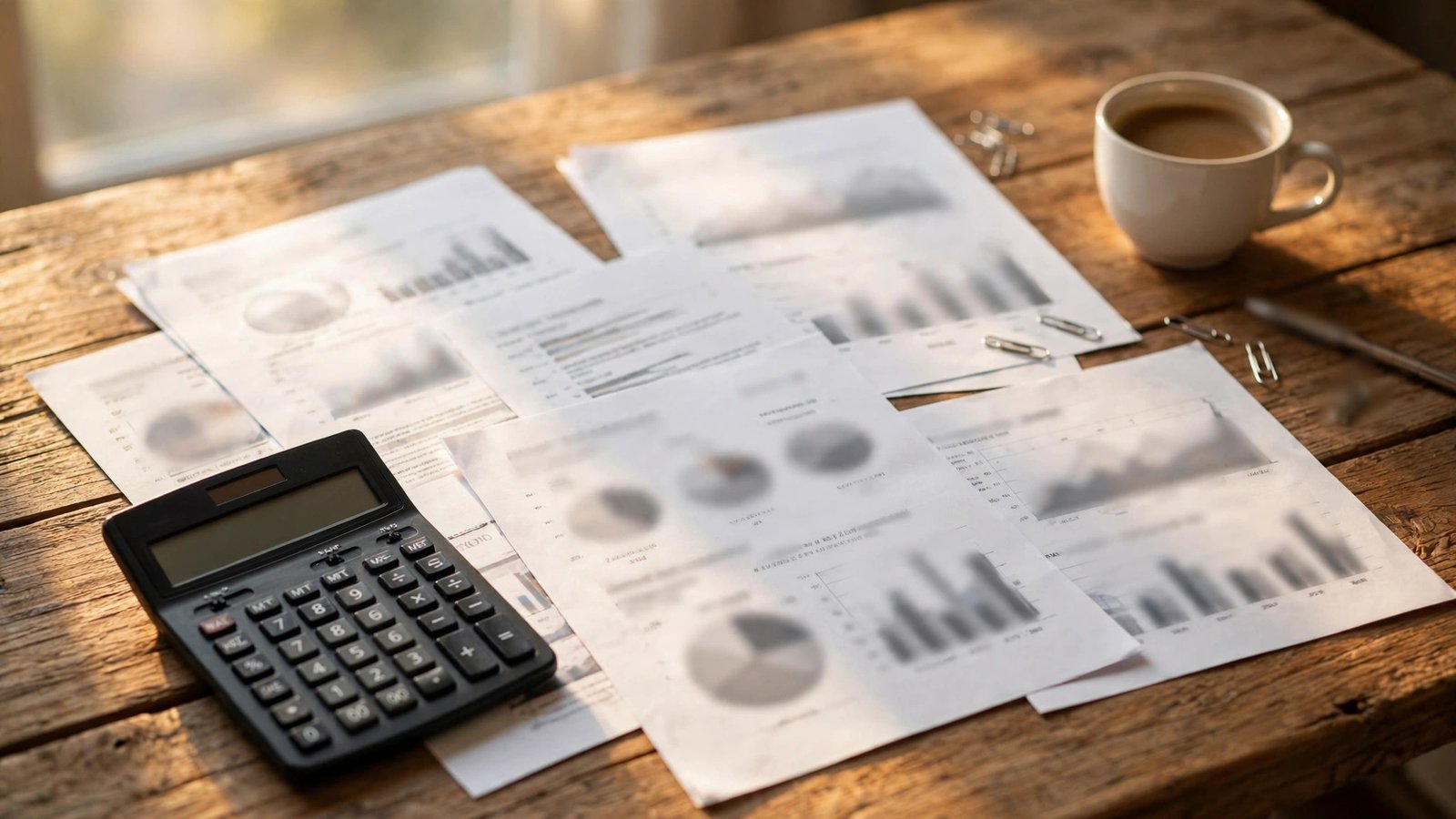 A calculator and printed household budget documents spread on a wooden desk beside a cup of coffee.
