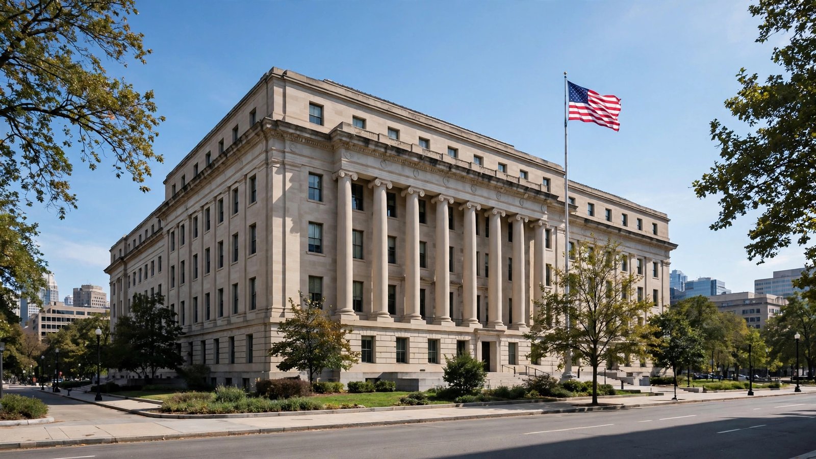 Exterior of a federal government office building in an American city with an American flag flying.